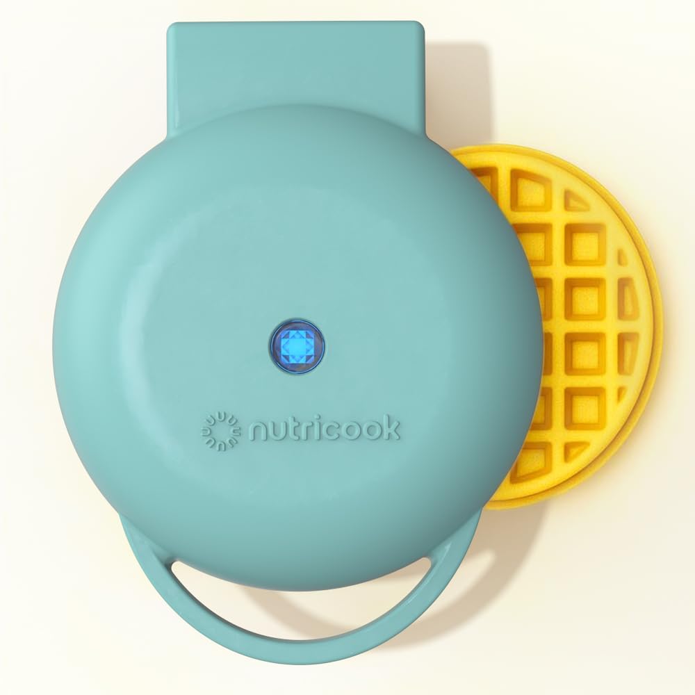 Nutricook Mini Waffle Maker 10cm Healthy Ceramic Coating for Belgian Waffles Quick Heat-Up, Compact Waffle Maker for Home, Kids, and Travel – Easy to Clean,Aqua, 2 yrs warranty, NC-WM100AQ