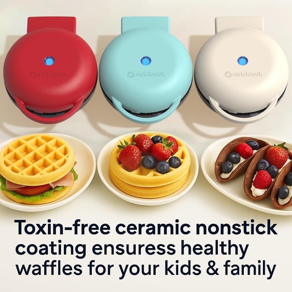 Nutricook Mini Waffle Maker 10cm Healthy Ceramic Coating for Belgian Waffles Quick Heat-Up, Compact Waffle Maker for Home, Kids, and Travel – Easy to Clean,Aqua, 2 yrs warranty, NC-WM100AQ - Image 3
