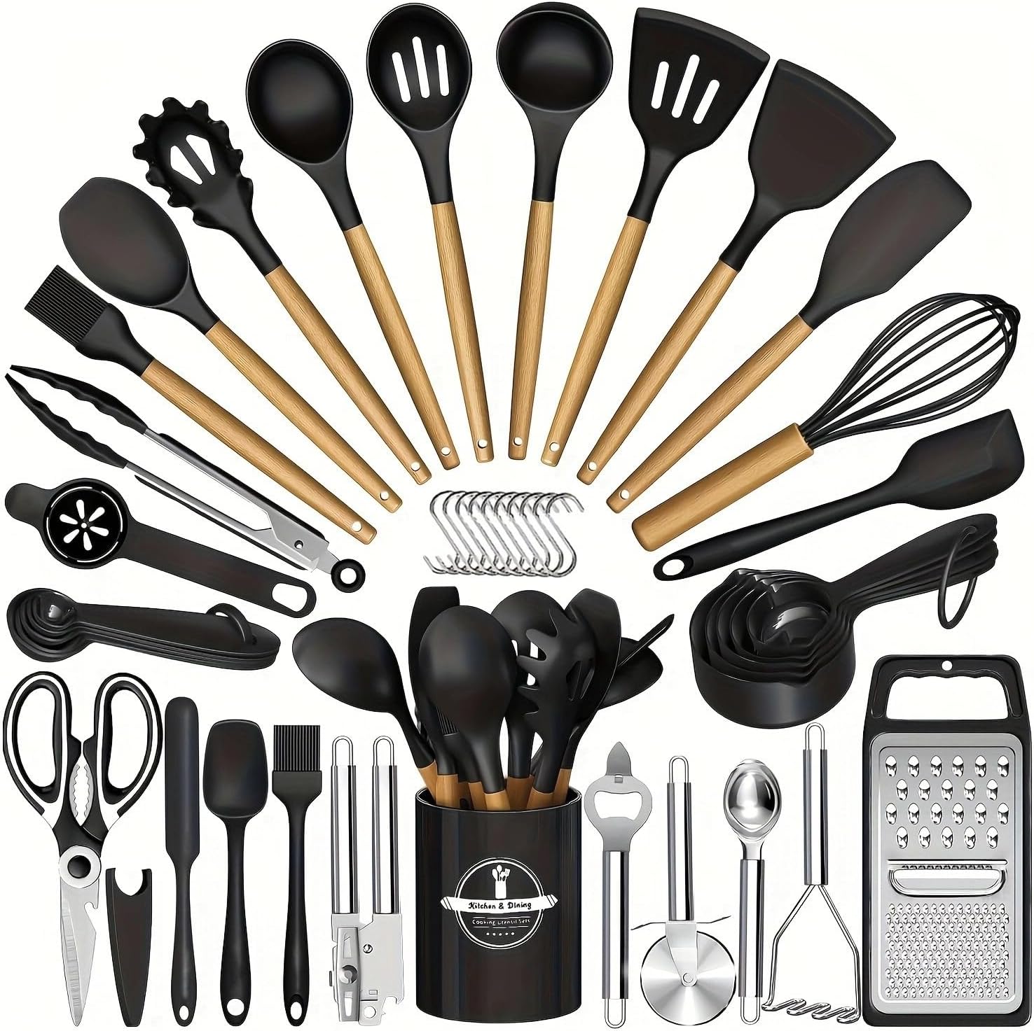35Pcs Silicone Cooking Utensils Set, Kitchen Utensils Set, Chef Heat Resistant Kitchen Utensil Spatula Set for Nonstick Cookware, Wooden Handles Kitchen Gadgets Tools Set (Black)