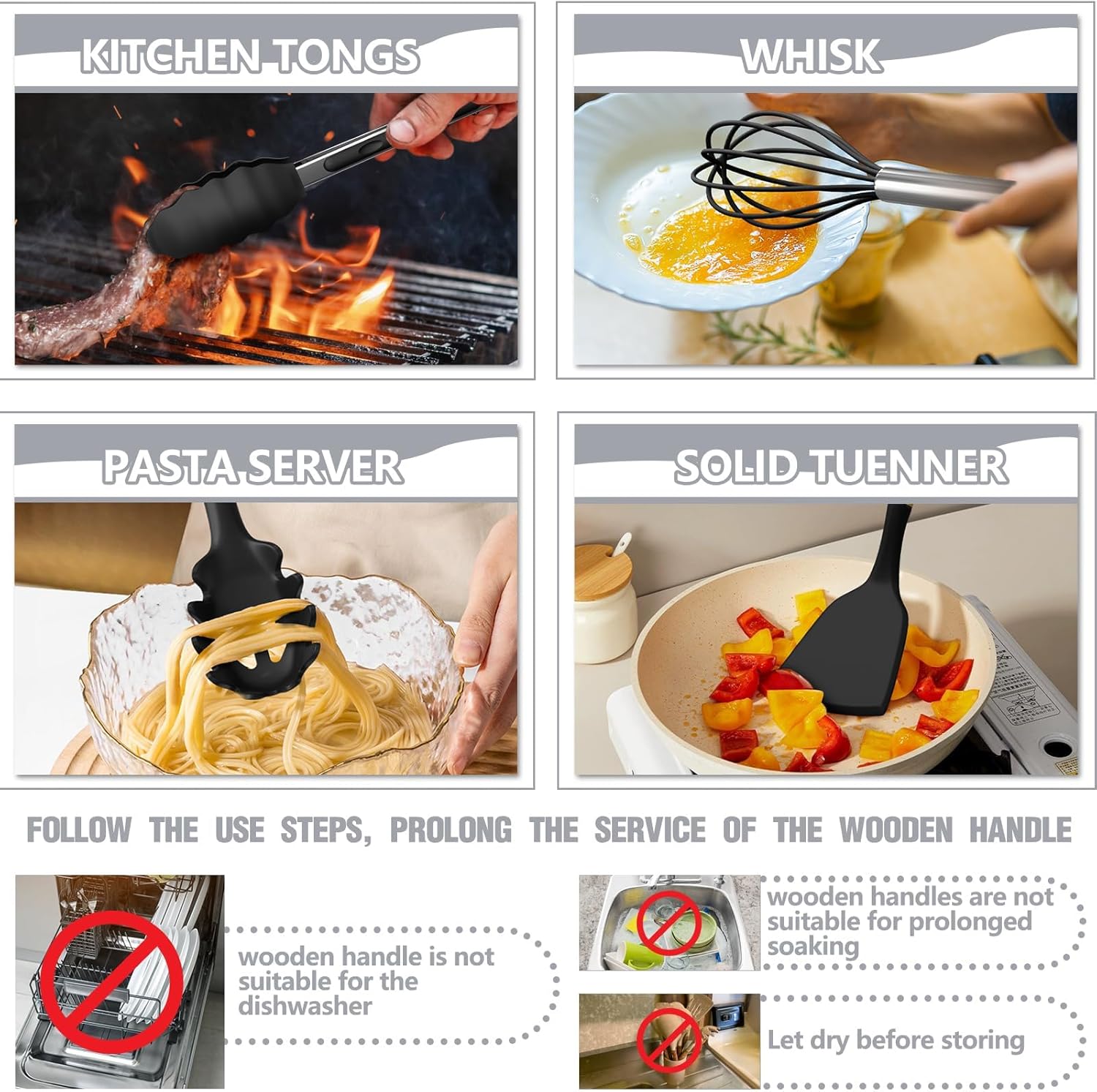 35Pcs Silicone Cooking Utensils Set, Kitchen Utensils Set, Chef Heat Resistant Kitchen Utensil Spatula Set for Nonstick Cookware, Wooden Handles Kitchen Gadgets Tools Set (Black) - Image 5