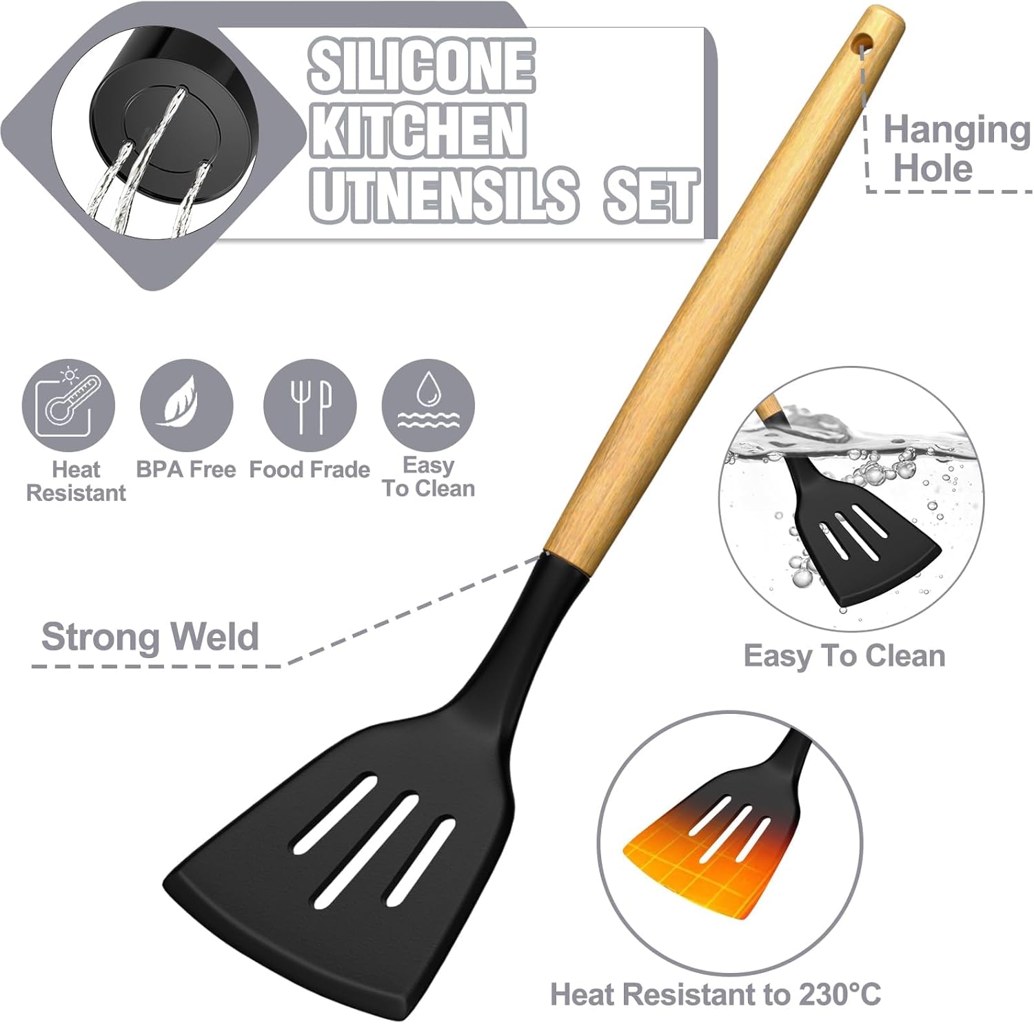 35Pcs Silicone Cooking Utensils Set, Kitchen Utensils Set, Chef Heat Resistant Kitchen Utensil Spatula Set for Nonstick Cookware, Wooden Handles Kitchen Gadgets Tools Set (Black) - Image 7