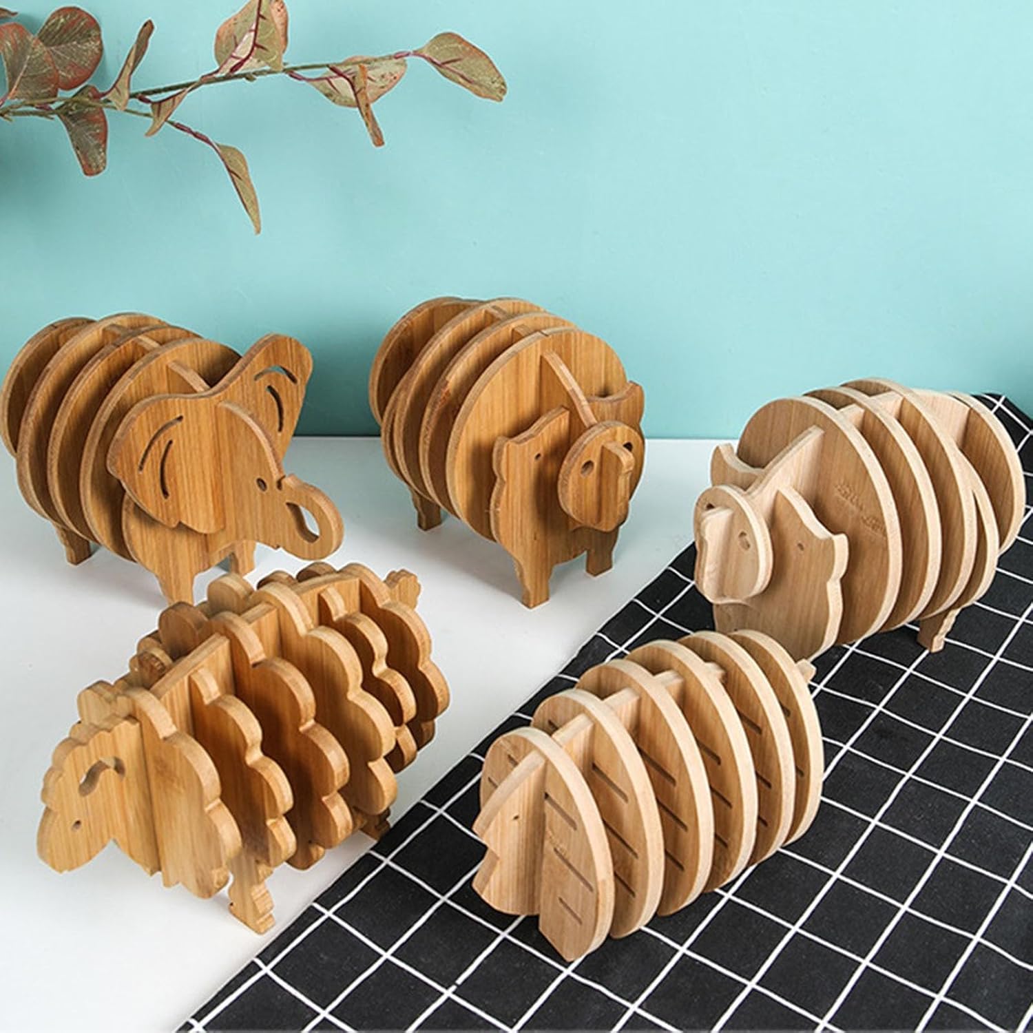 Tazweeq Creative Animal Shape Cup Coasters, Anti-SLI Tabletop Protection with Holder, Wood Minimalist Home Decor for New House Gift - Image 3
