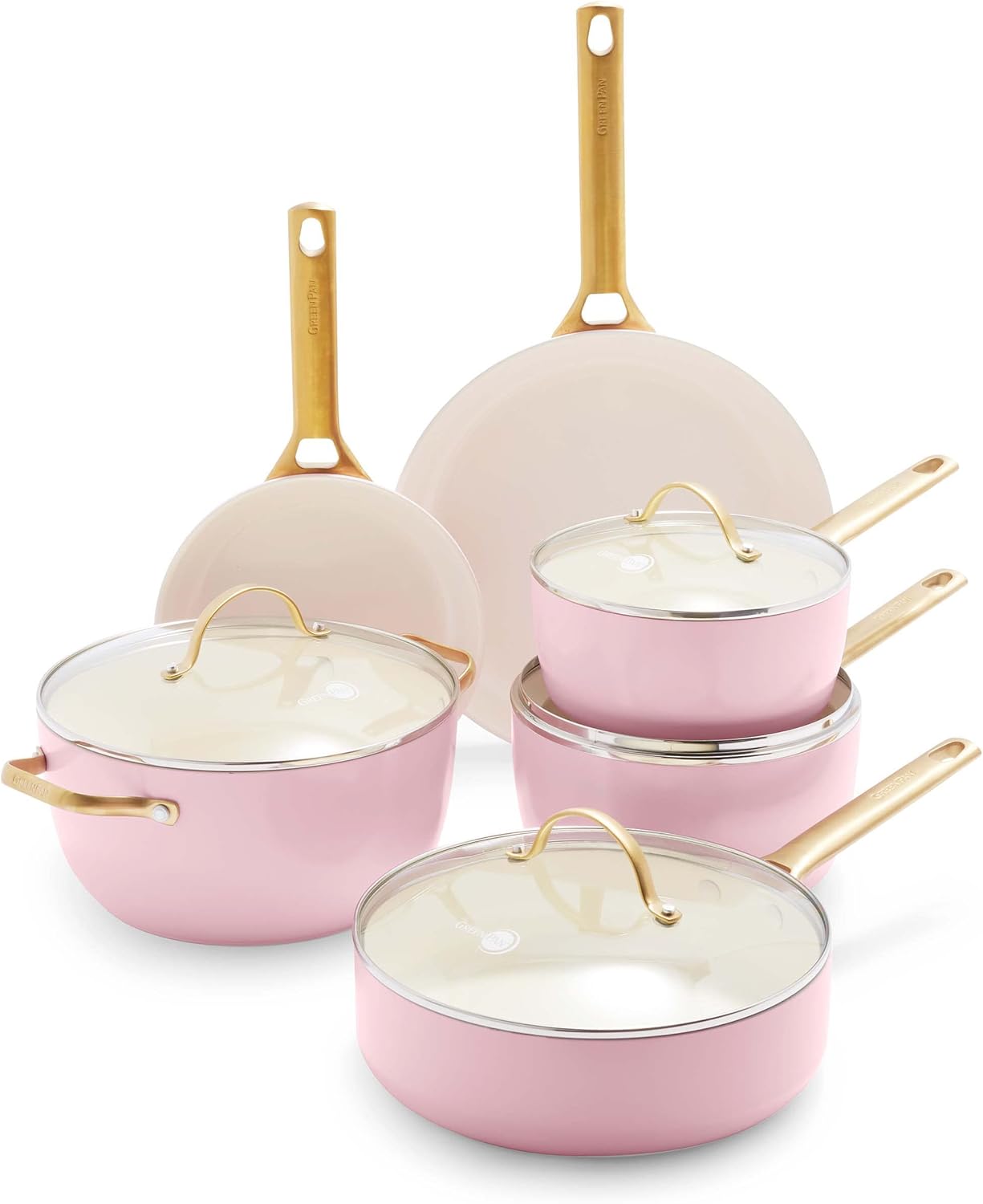 GreenPan Reserve Hard Anodized Healthy Ceramic Nonstick 10 Piece Cookware Pots and Pans Set, Gold Handle, PFAS-Free, Dishwasher Safe, Oven Safe, Blush Pink