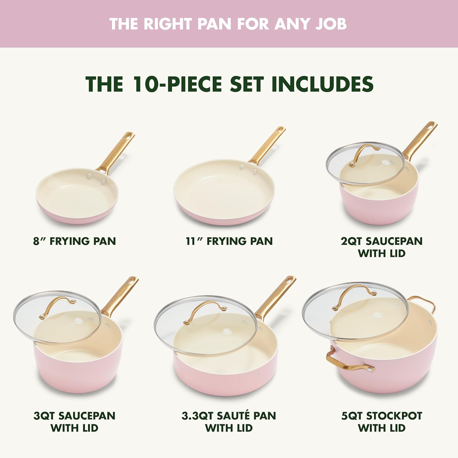 GreenPan Reserve Hard Anodized Healthy Ceramic Nonstick 10 Piece Cookware Pots and Pans Set, Gold Handle, PFAS-Free, Dishwasher Safe, Oven Safe, Blush Pink - Image 3