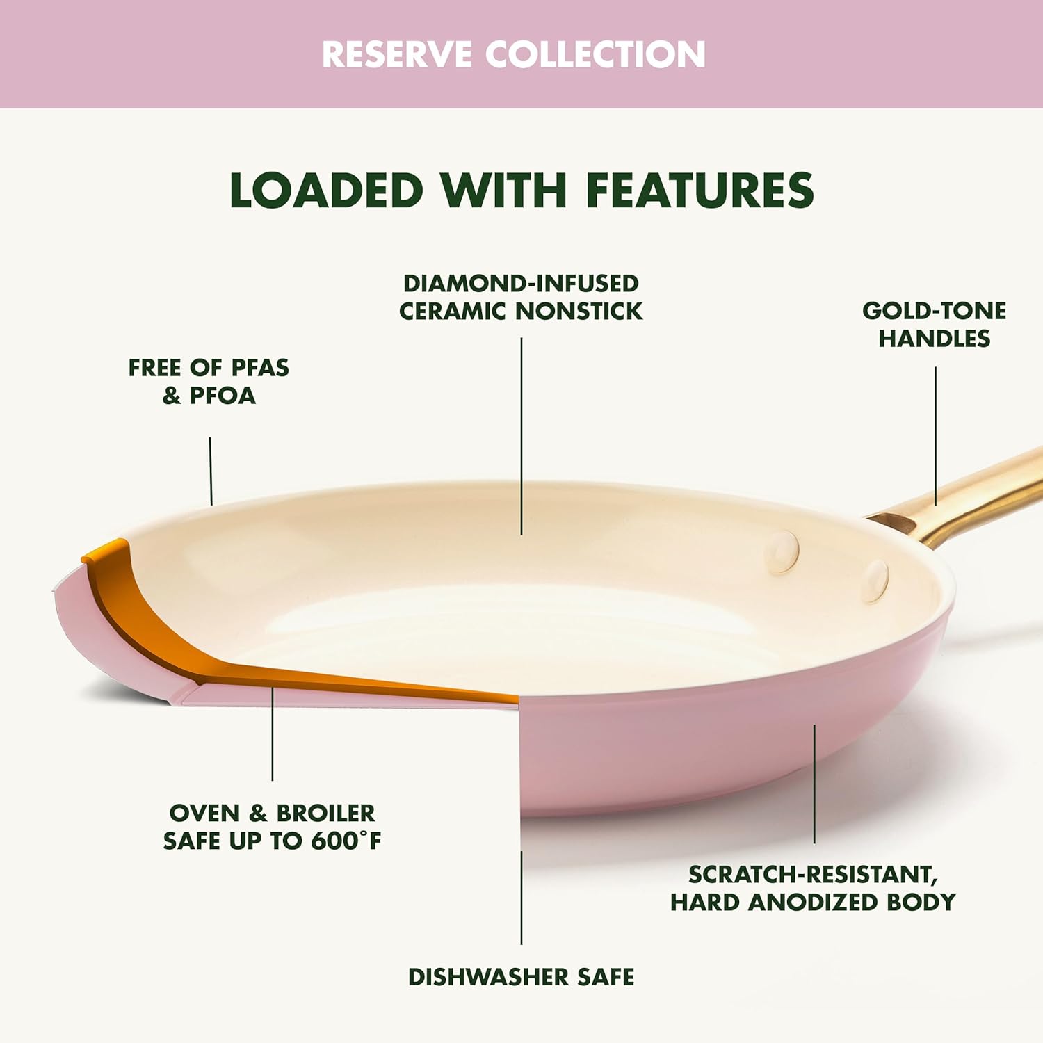 GreenPan Reserve Hard Anodized Healthy Ceramic Nonstick 10 Piece Cookware Pots and Pans Set, Gold Handle, PFAS-Free, Dishwasher Safe, Oven Safe, Blush Pink - Image 4