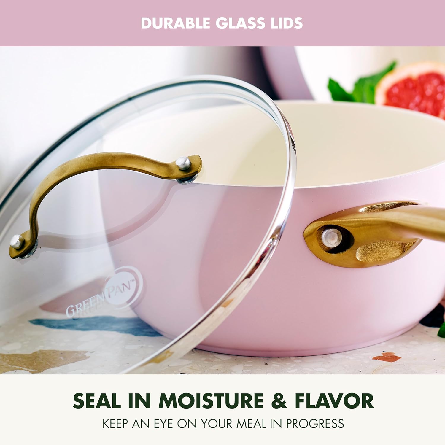 GreenPan Reserve Hard Anodized Healthy Ceramic Nonstick 10 Piece Cookware Pots and Pans Set, Gold Handle, PFAS-Free, Dishwasher Safe, Oven Safe, Blush Pink - Image 7