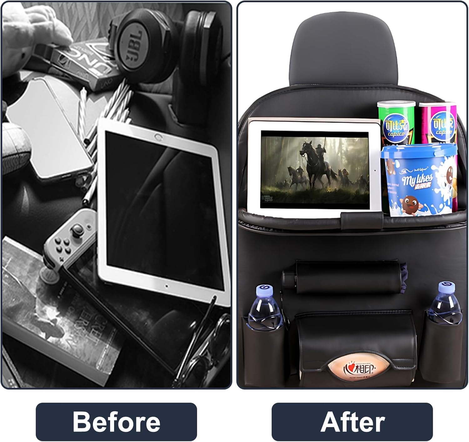 Azonee Car Seat Organiser, Car Organiser Back Seat For Kids, PU Leather with Folding Tray Tissue Box, Water Bottle/Umbrella Holder, for Travel, Parents Drivers, Kids Toys Food Storage - Image 2