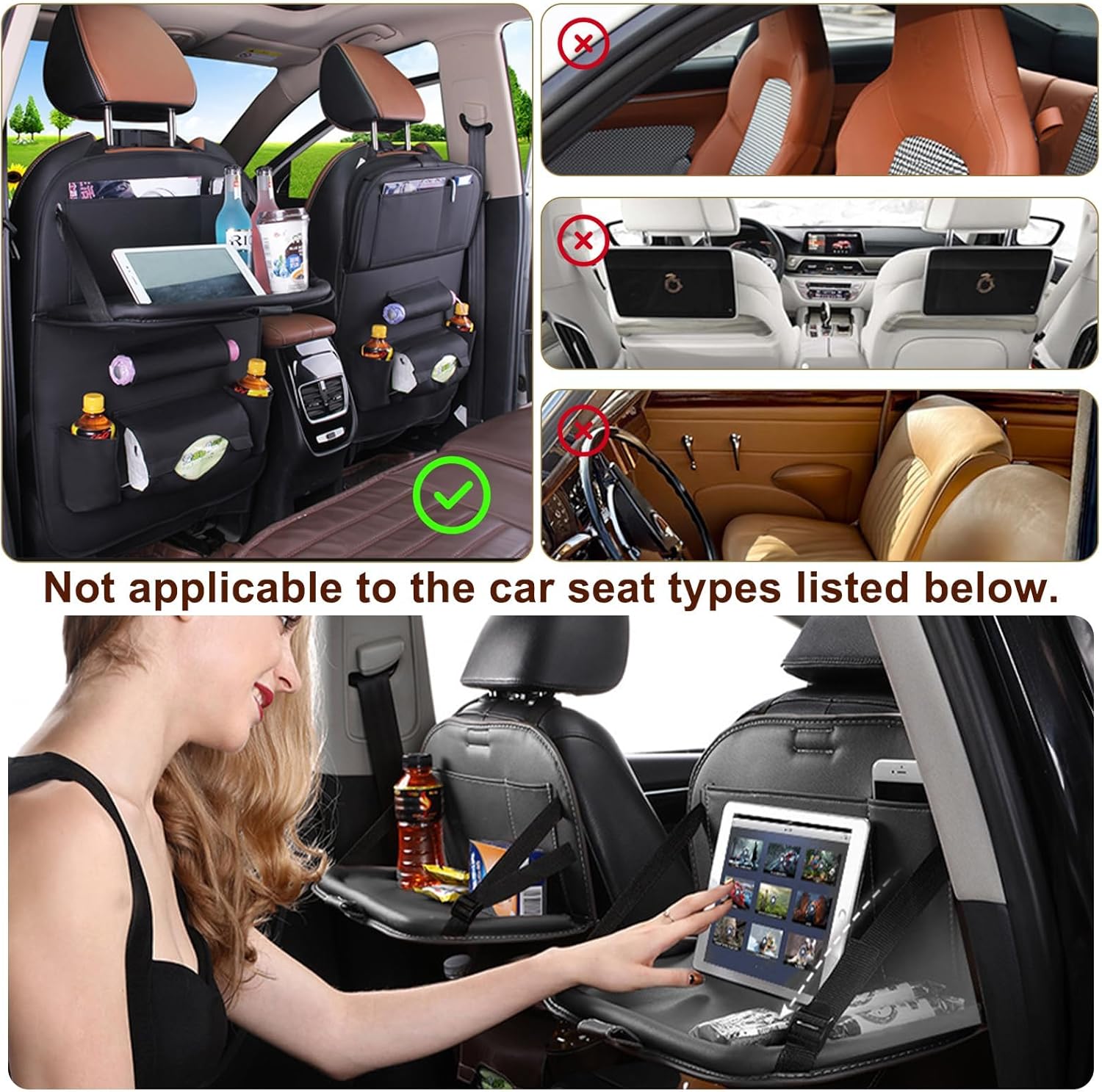 Azonee Car Seat Organiser, Car Organiser Back Seat For Kids, PU Leather with Folding Tray Tissue Box, Water Bottle/Umbrella Holder, for Travel, Parents Drivers, Kids Toys Food Storage - Image 3