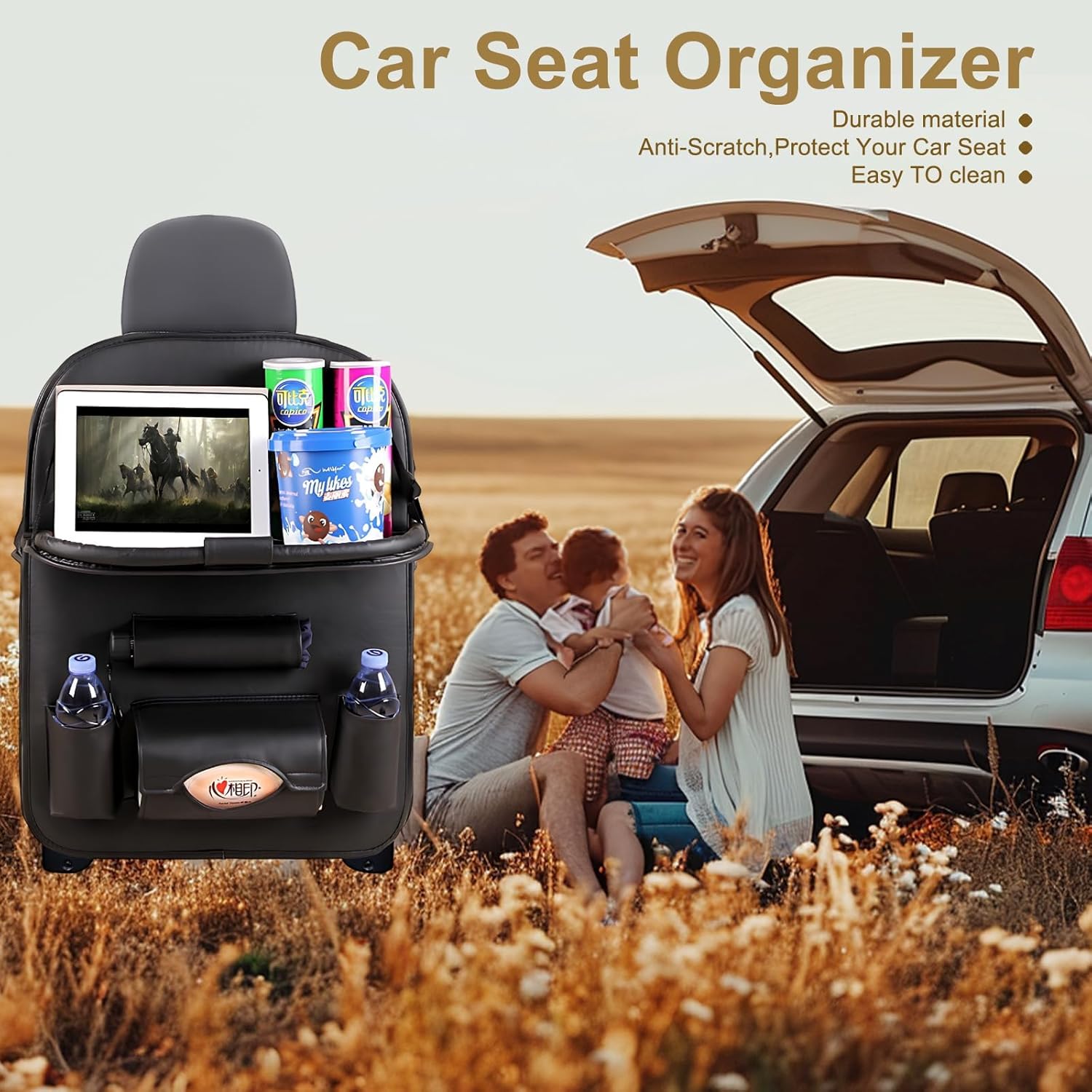 Azonee Car Seat Organiser, Car Organiser Back Seat For Kids, PU Leather with Folding Tray Tissue Box, Water Bottle/Umbrella Holder, for Travel, Parents Drivers, Kids Toys Food Storage - Image 4