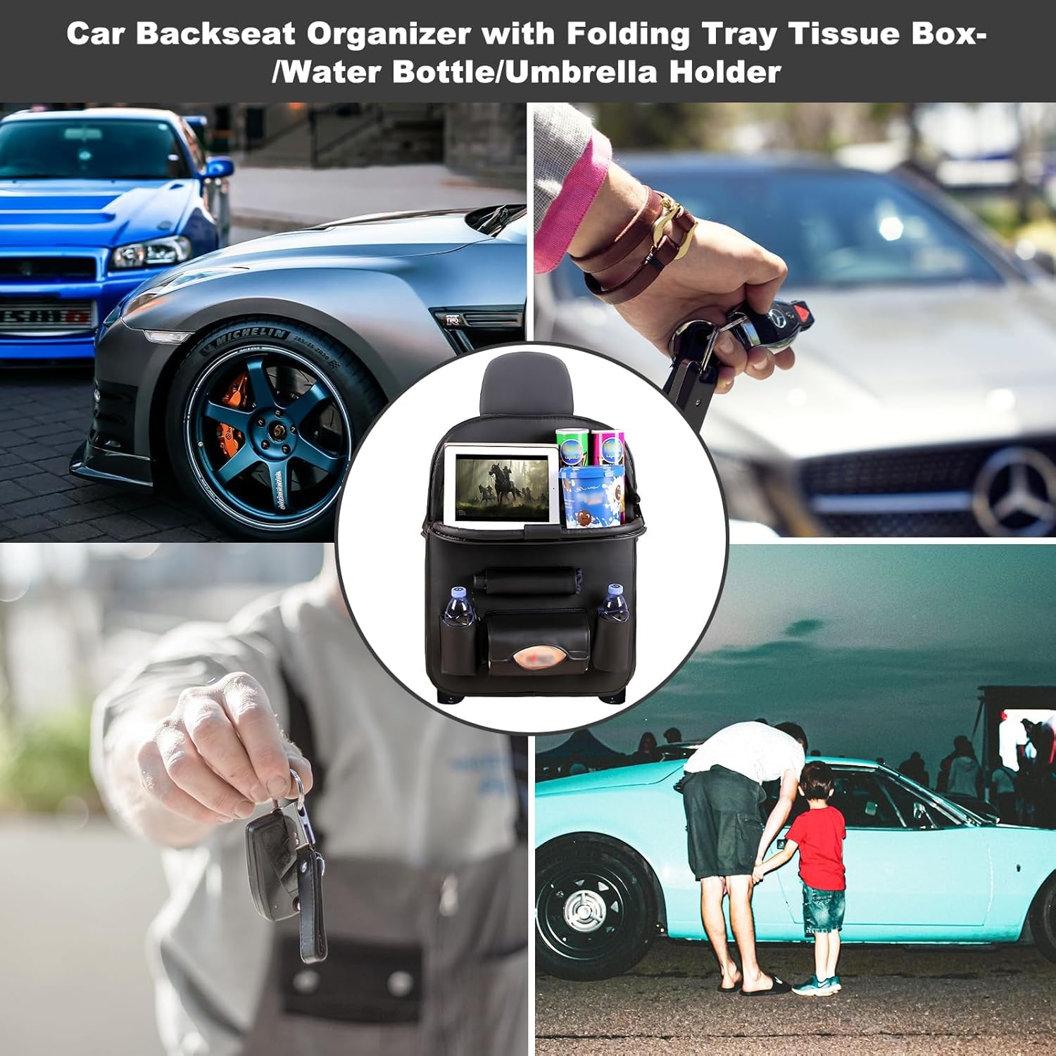 Azonee Car Seat Organiser, Car Organiser Back Seat For Kids, PU Leather with Folding Tray Tissue Box, Water Bottle/Umbrella Holder, for Travel, Parents Drivers, Kids Toys Food Storage - Image 6