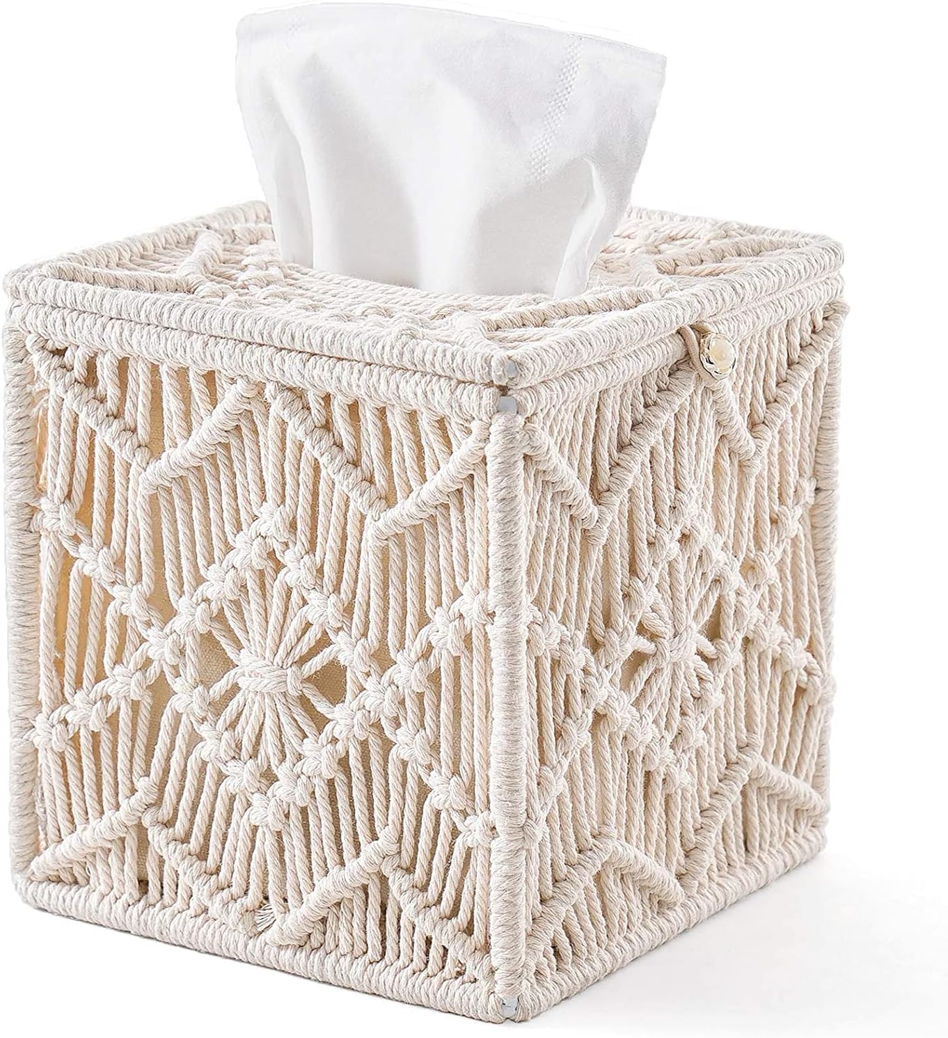 KASTWAVE Square Tissue Box Cover, Boho Decor Square Paper Tissue Holder with Bead Buckle Macrame, Cute Boho Tissue Box Holder for Bathroom, Bedroom, Living Room, and Home Decor, 5.5" X 5.5" X 6"