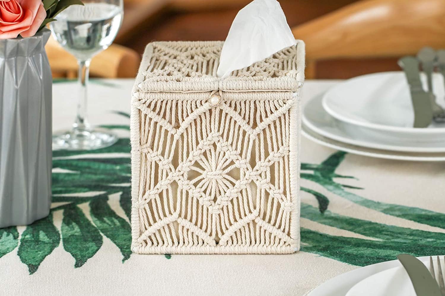KASTWAVE Square Tissue Box Cover, Boho Decor Square Paper Tissue Holder with Bead Buckle Macrame, Cute Boho Tissue Box Holder for Bathroom, Bedroom, Living Room, and Home Decor, 5.5" X 5.5" X 6" - Image 2