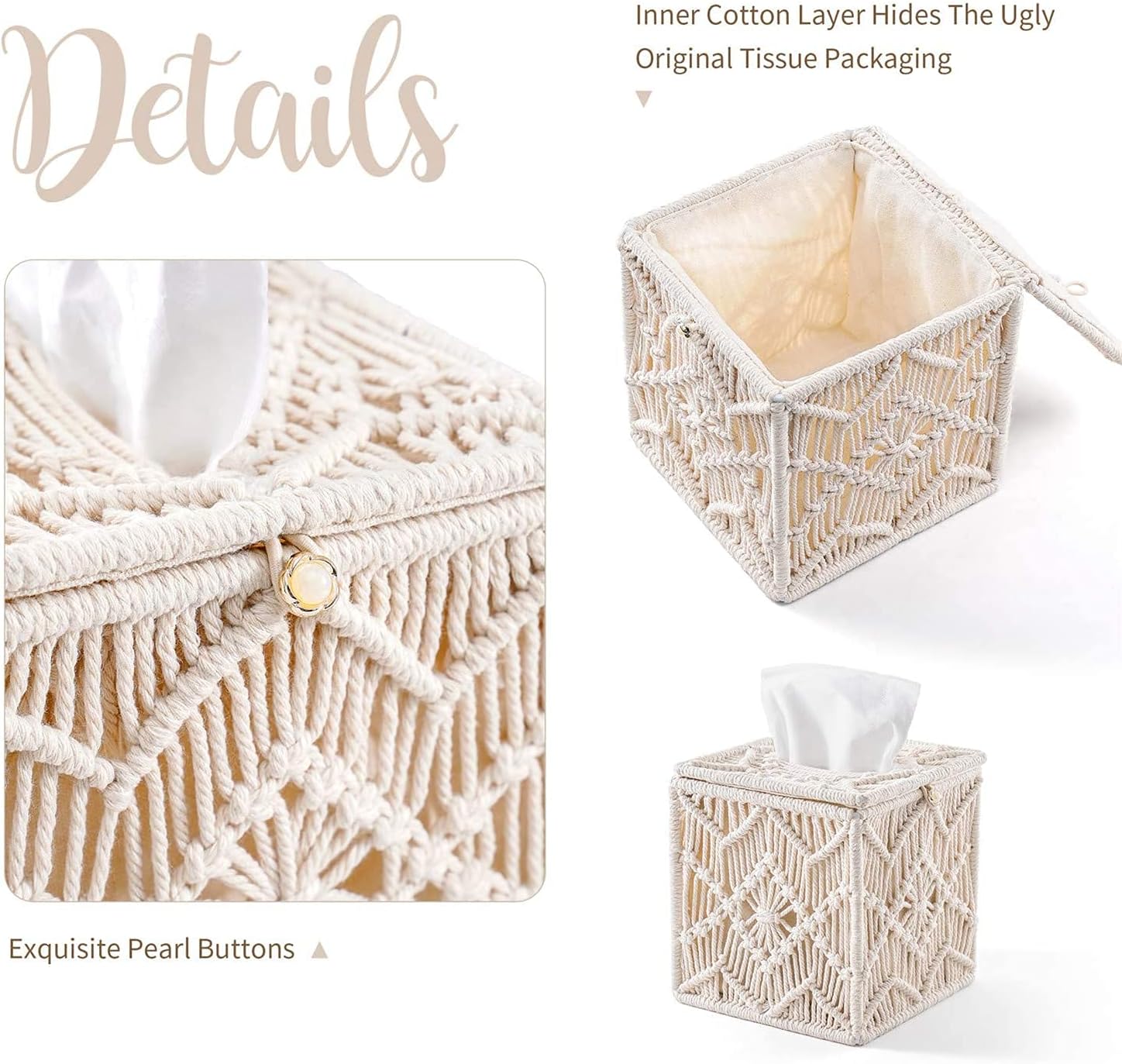 KASTWAVE Square Tissue Box Cover, Boho Decor Square Paper Tissue Holder with Bead Buckle Macrame, Cute Boho Tissue Box Holder for Bathroom, Bedroom, Living Room, and Home Decor, 5.5" X 5.5" X 6" - Image 4