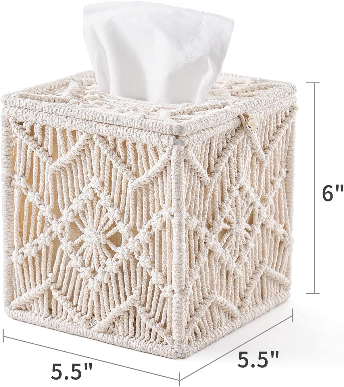 KASTWAVE Square Tissue Box Cover, Boho Decor Square Paper Tissue Holder with Bead Buckle Macrame, Cute Boho Tissue Box Holder for Bathroom, Bedroom, Living Room, and Home Decor, 5.5" X 5.5" X 6" - Image 5