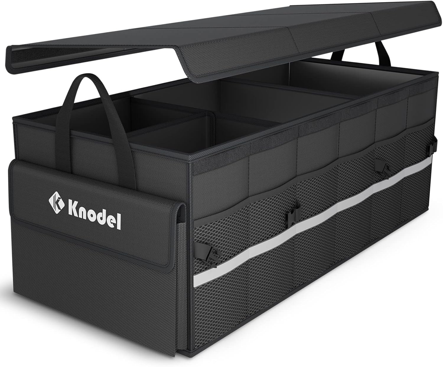 K KNODEL Car Trunk Organizer with Lid, 3 Compartments Collapsible Car Trunk Storage Organizer, Large Car Organizer and Storage for SUV, Truck, Sedan (Large, Black)