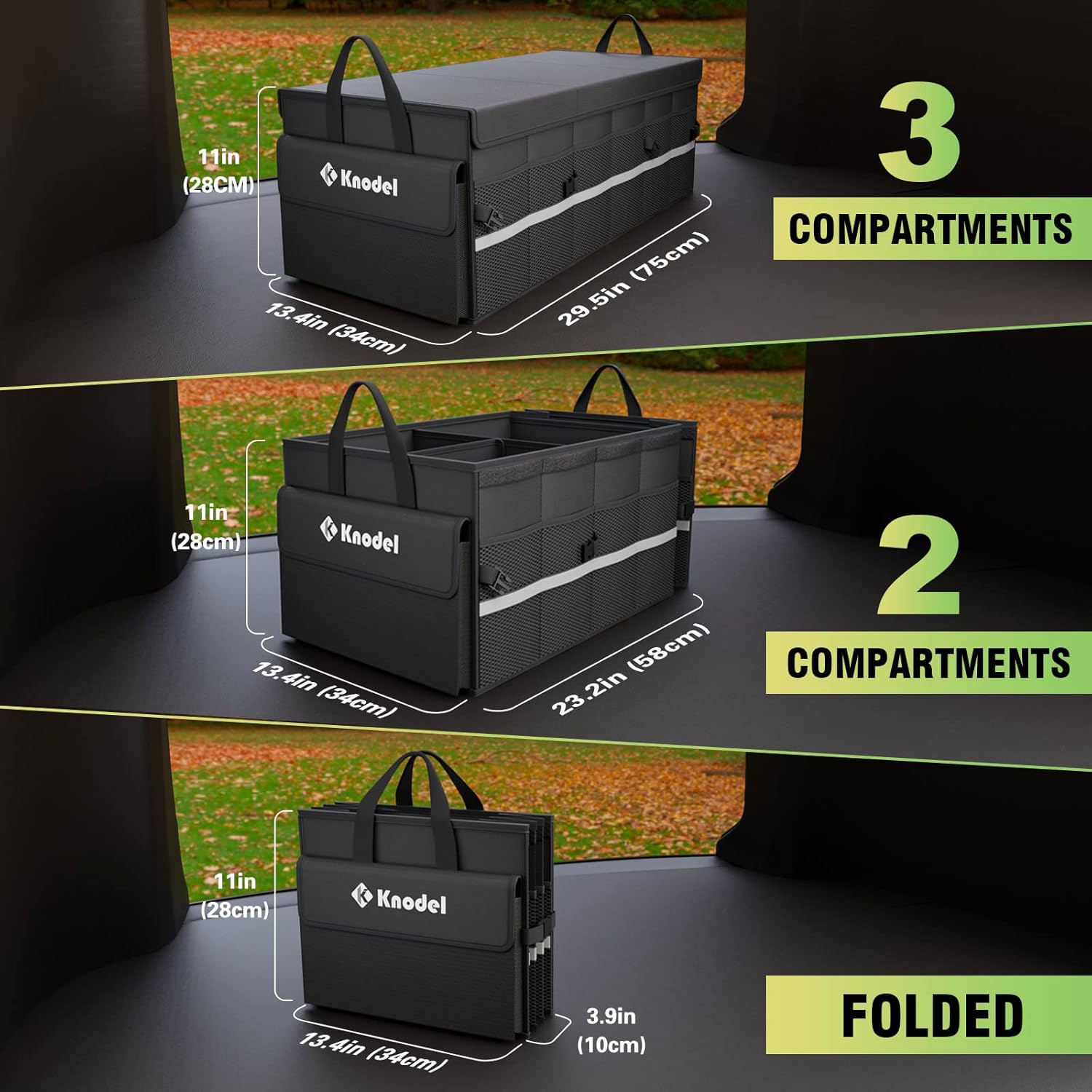K KNODEL Car Trunk Organizer with Lid, 3 Compartments Collapsible Car Trunk Storage Organizer, Large Car Organizer and Storage for SUV, Truck, Sedan (Large, Black) - Image 5