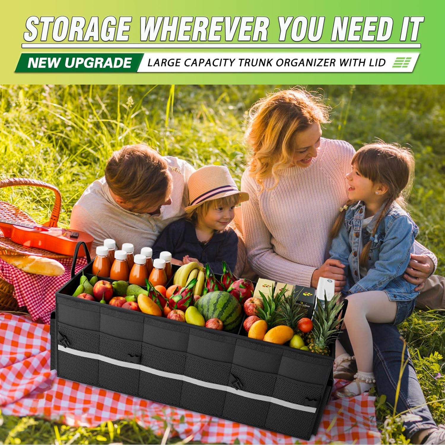 K KNODEL Car Trunk Organizer with Lid, 3 Compartments Collapsible Car Trunk Storage Organizer, Large Car Organizer and Storage for SUV, Truck, Sedan (Large, Black) - Image 6