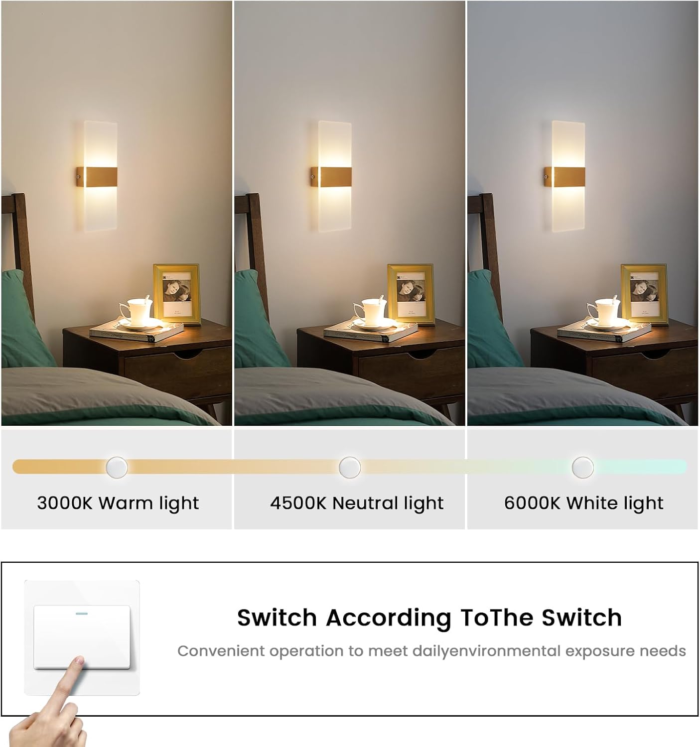 YATAI Modern Minimalist LED Wall Light, 4W, Gold, 3-Color Dimmable (3000K-6000K), Acrylic & Metal Wall Lamp for Bedroom, Mirror Side, Dressing Table, Hallway - Image 3