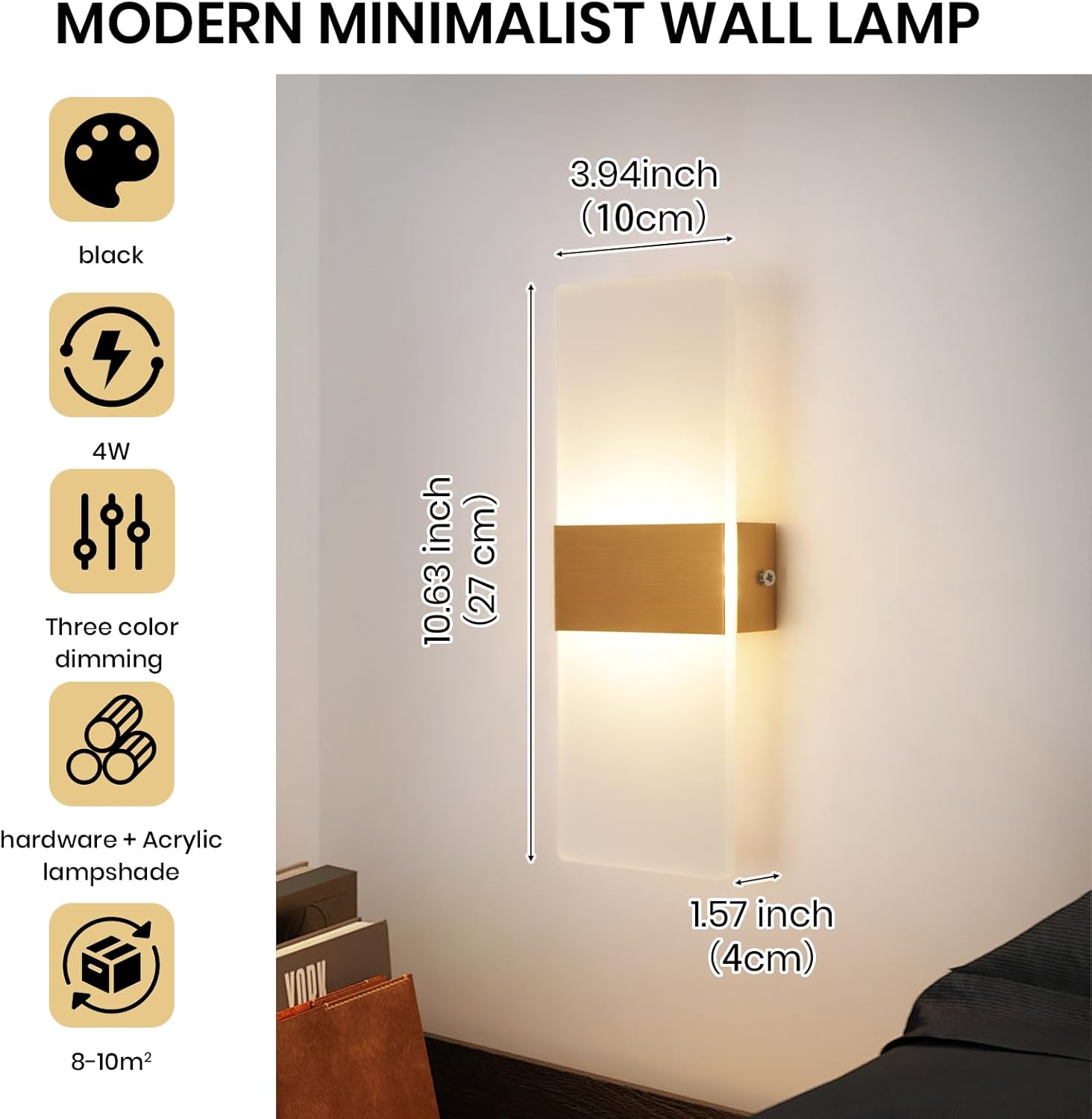 YATAI Modern Minimalist LED Wall Light, 4W, Gold, 3-Color Dimmable (3000K-6000K), Acrylic & Metal Wall Lamp for Bedroom, Mirror Side, Dressing Table, Hallway - Image 4