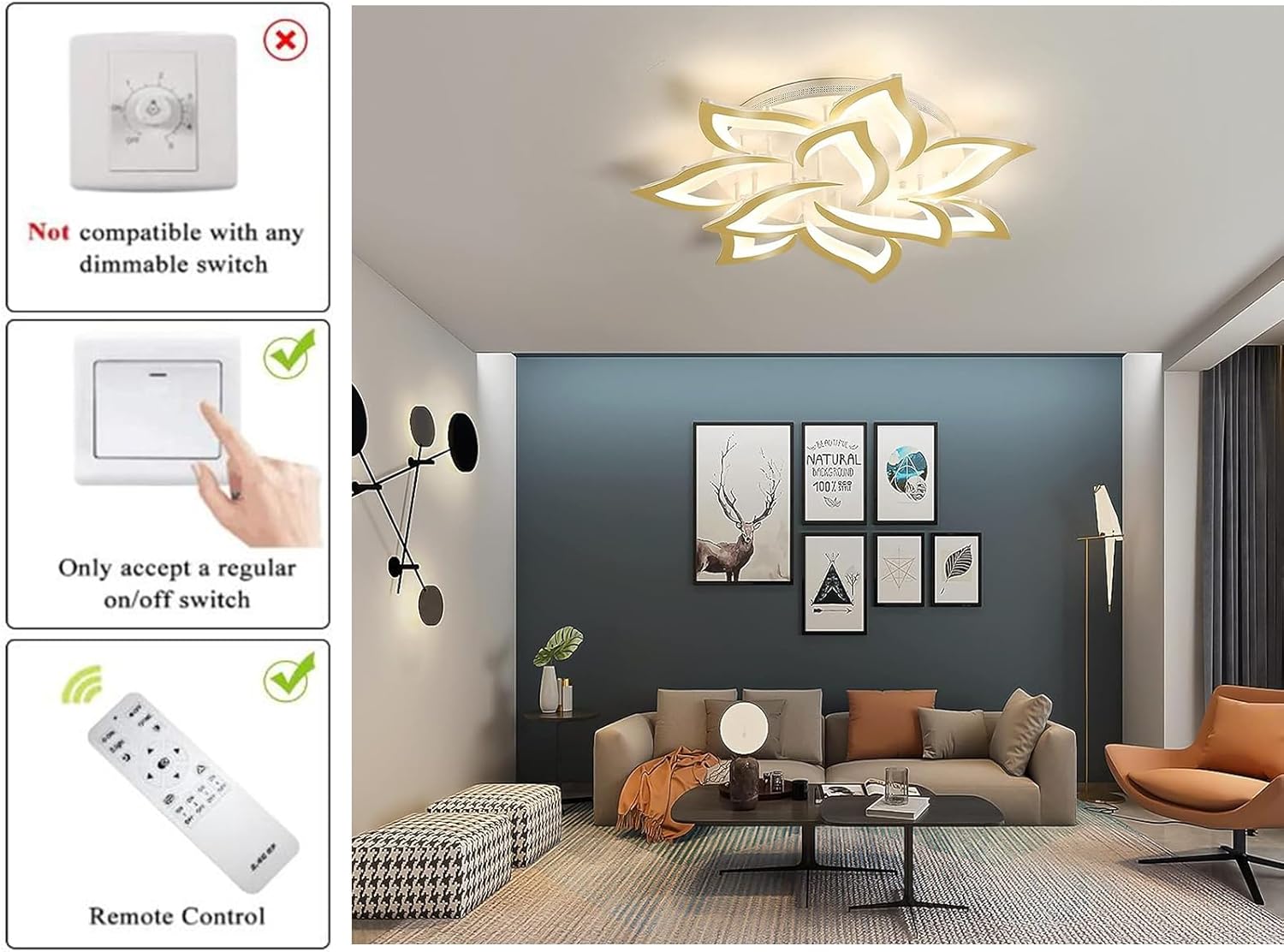 Garwarm Dimmable LED Ceiling Light, Modern Acrylic Flush Mount Ceiling Lamp with Remote Control, 72W Metal Flower Shape Chandelier Lighting Fixture for Living Room Bedroom - Image 3