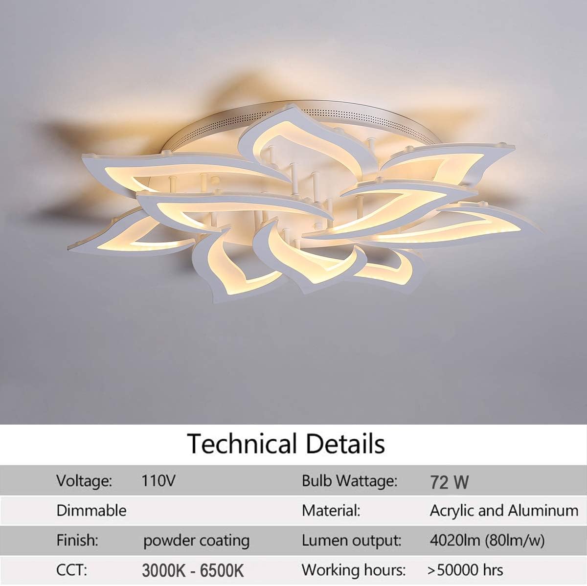 Garwarm Dimmable LED Ceiling Light, Modern Acrylic Flush Mount Ceiling Lamp with Remote Control, 72W Metal Flower Shape Chandelier Lighting Fixture for Living Room Bedroom - Image 6