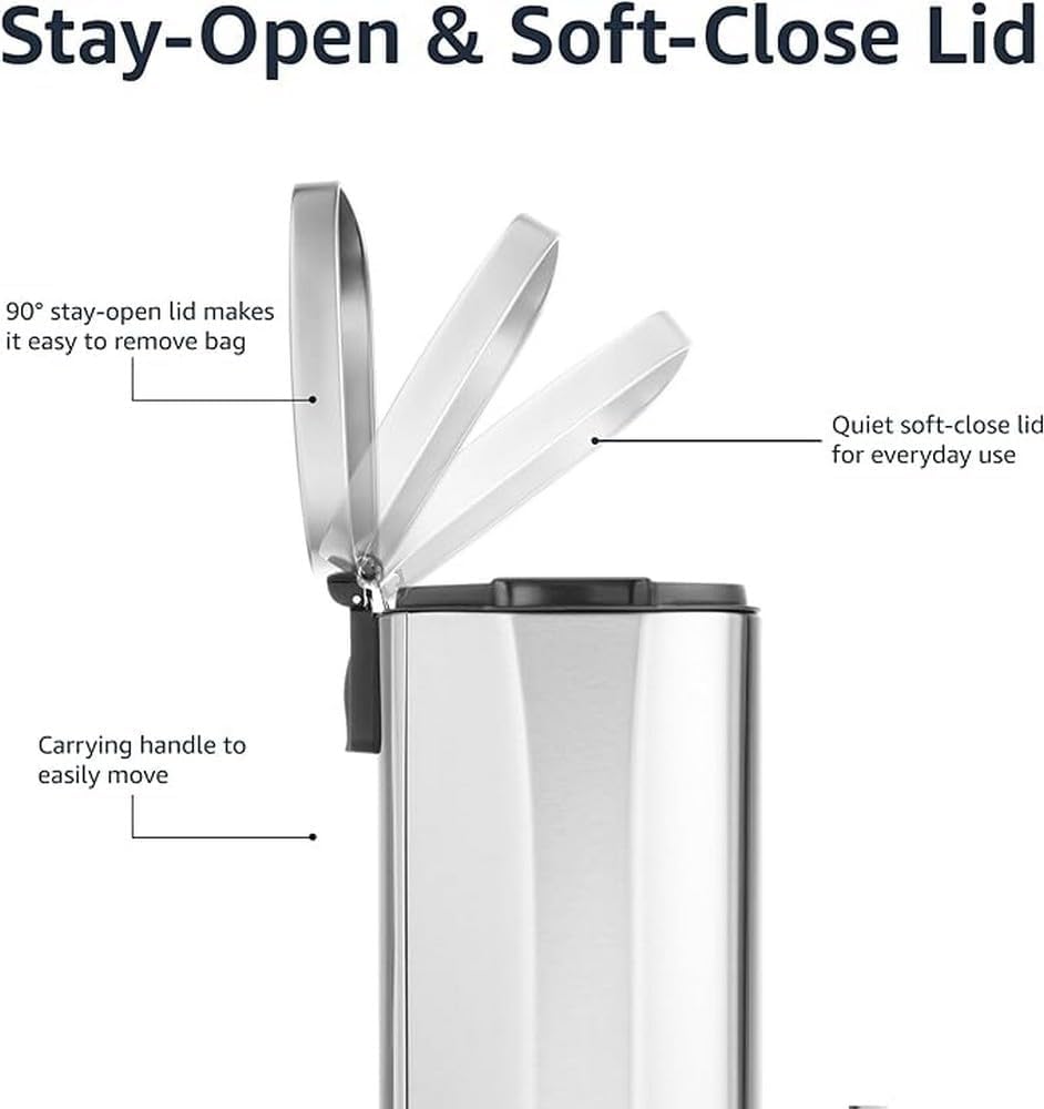 Amazon Basics Rectangular Kitchen Bin With Steel Bar Pedal, Soft-Closing Mechanism For Home and Office Use, 30 Litre/7.9 Gallon, Satin Nickel Finish - Image 6