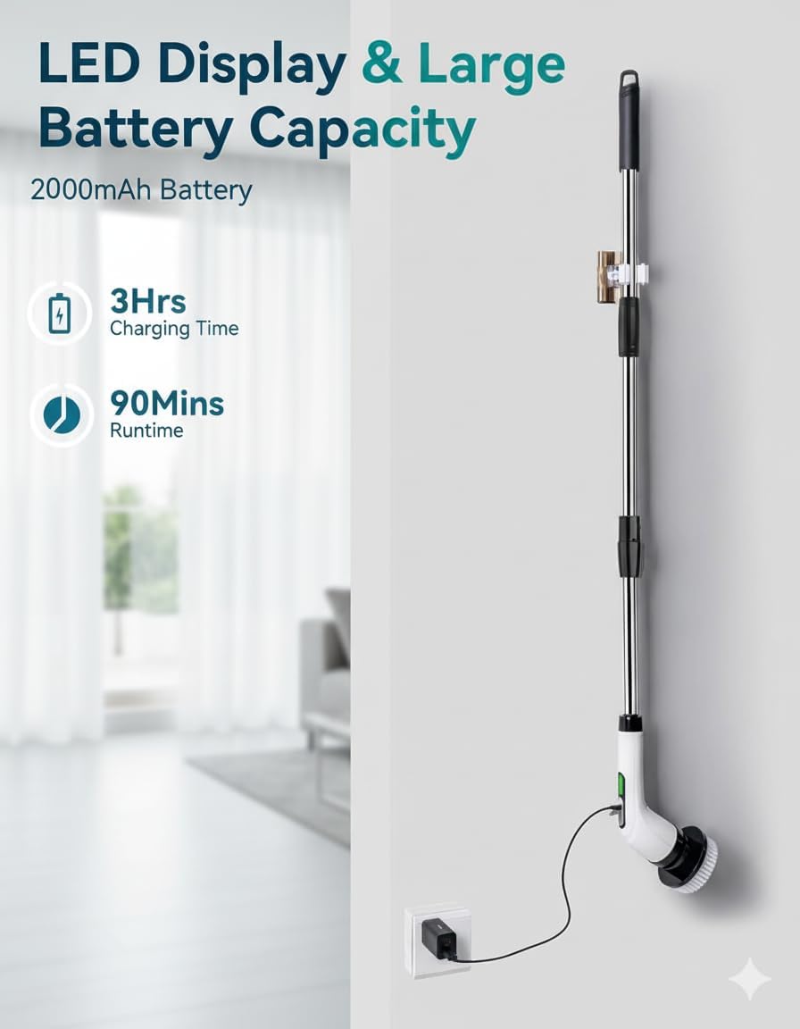 9 in 1 - Cordless Electric Spin Scrubber – Rechargeable Power Cleaning Brush with 9 Replaceable Brush Heads, Adjustable Handle, 2 Speeds, Waterproof for Bathroom, Kitchen, Tile, Floor & Car Cleaning - Image 7