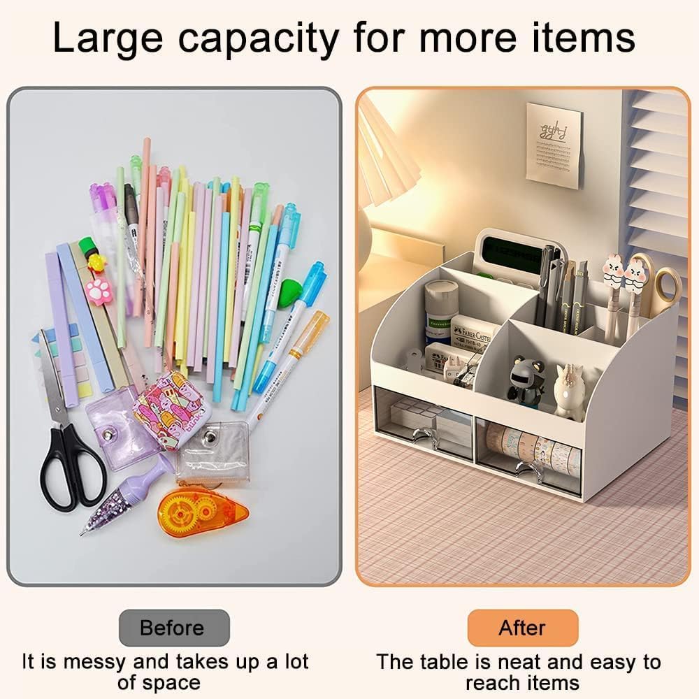 Uniface Desk Organizer,Multi-Use Desk Tidy & Pen Holder with 6 Storage and 2 Slide Drawer,Desktop Organizer for Home Office and School - Image 2