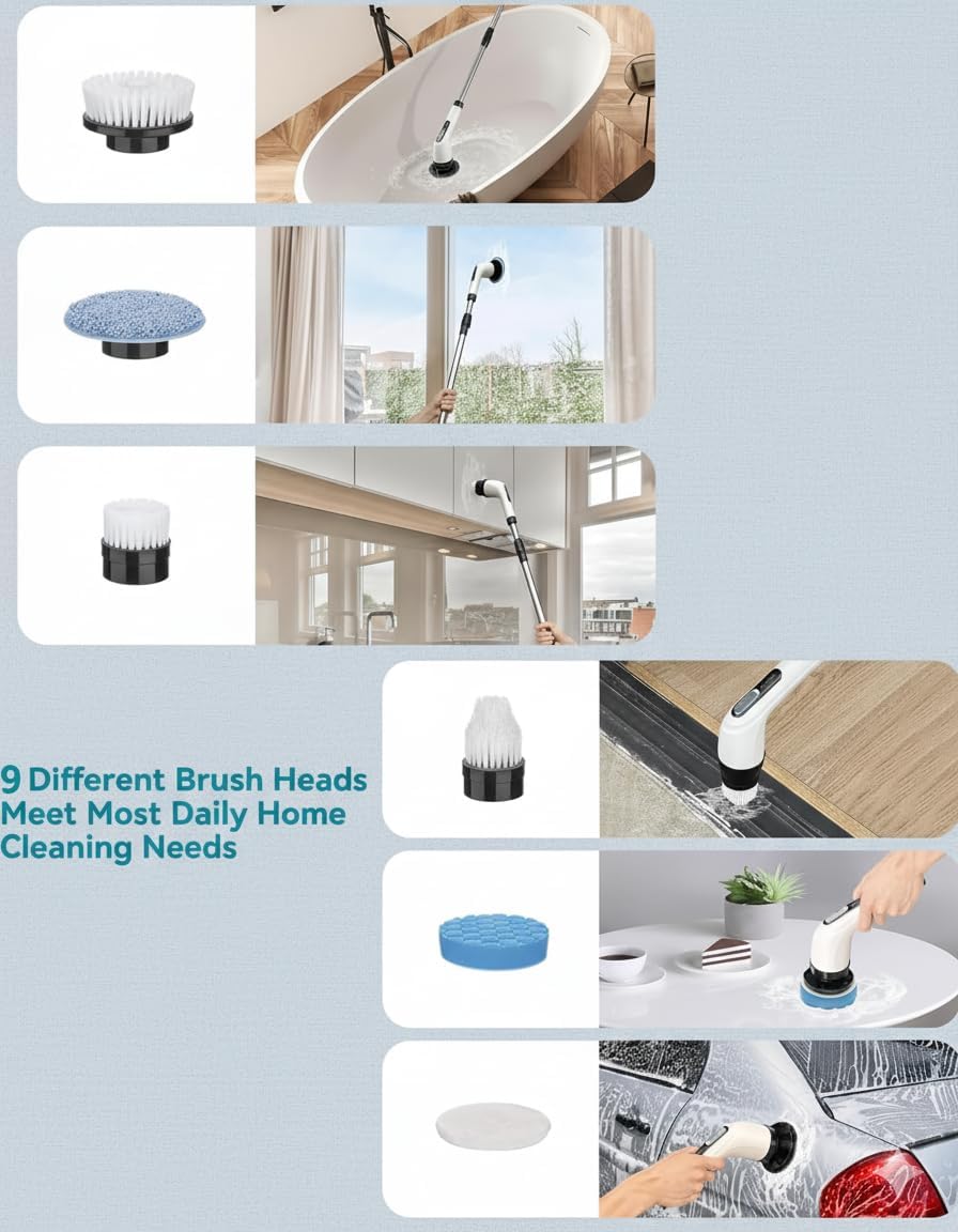 9 in 1 - Cordless Electric Spin Scrubber – Rechargeable Power Cleaning Brush with 9 Replaceable Brush Heads, Adjustable Handle, 2 Speeds, Waterproof for Bathroom, Kitchen, Tile, Floor & Car Cleaning - Image 6