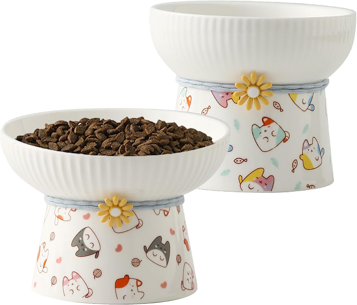 2 Pcs Elevated Ceramic Cat Bowl Raised Height Cats Feeder for Dry Wet Food & Water Anti Vomit Neck Protective Whisker Fatigue Relief Cat Food Bowls Non-Slip Pet Feeding Dish for Cats & Small Dogs