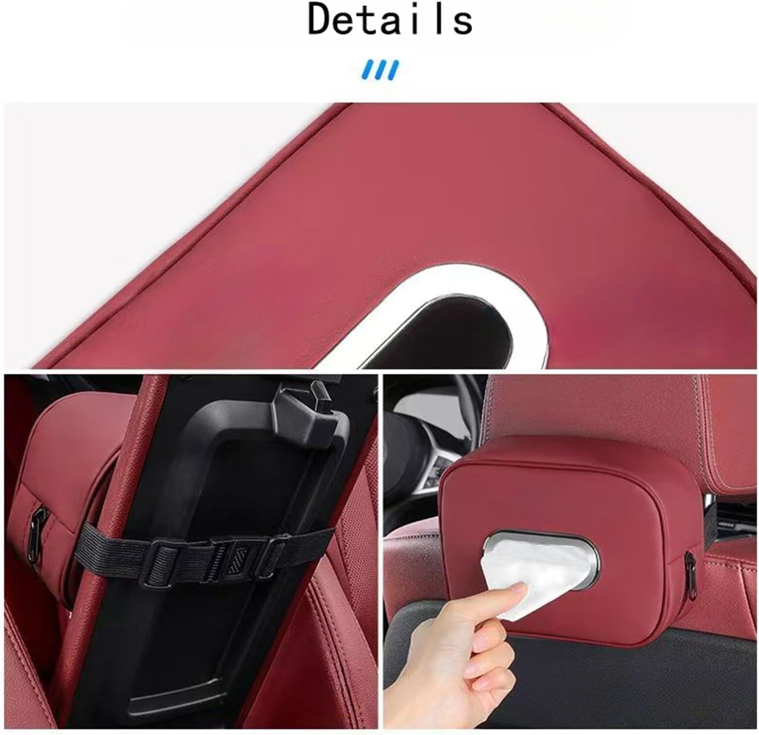 Car Tissue Box Holder with Adjustable Strap Compatible with BYD Leopard 5/8 Accessories, Electroplated Opening, Premium Leather Napkin Storage Box (Black) - Image 5