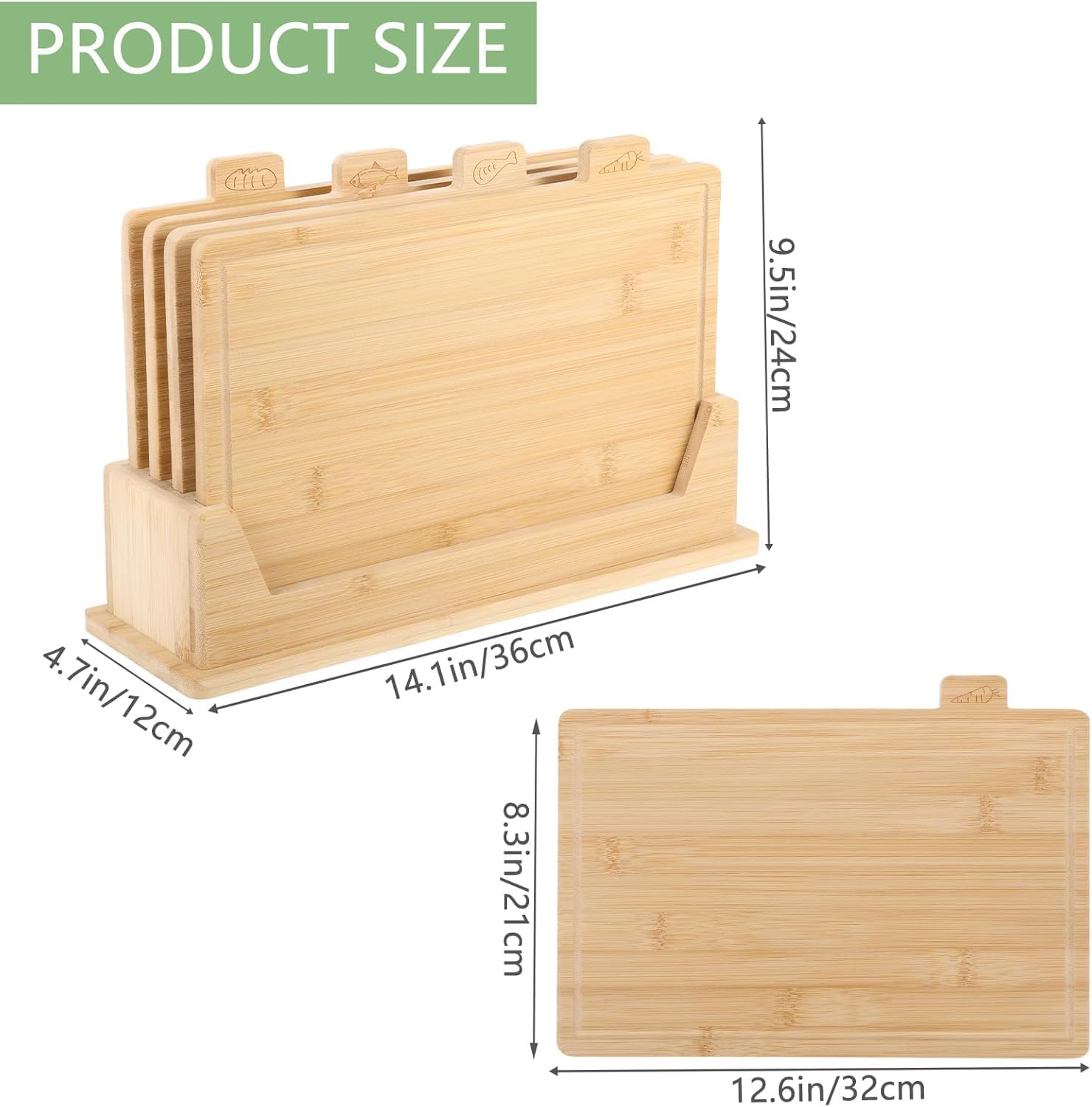 Bamboo Cutting Board Set of 4, Wooden Chopping Board with Storage Holder, 32x22cm Chopping Boards Set with Food Icons for Meat, Fish, Bread, Vegetable, Fruit Chopping - Image 2