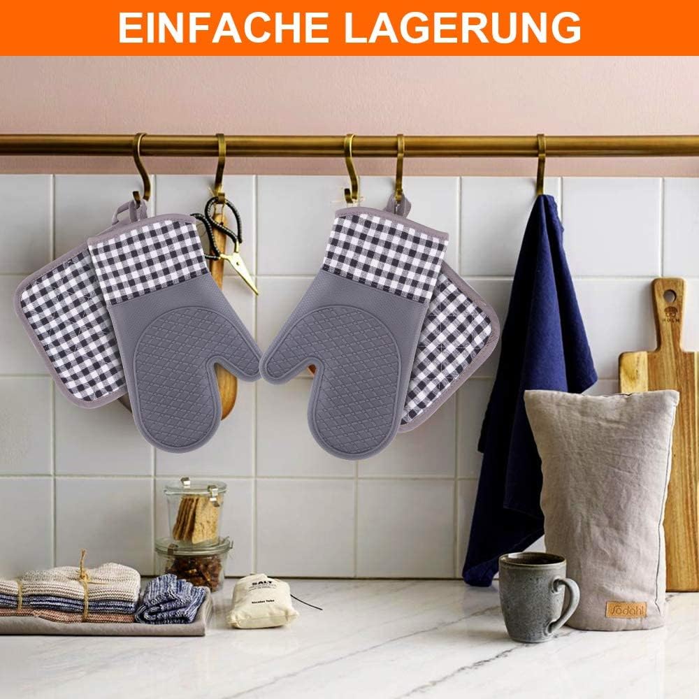 Oven Mitts and Pot Holders 4pcs Set, Kitchen Oven Gloves, Heat-Resistant Baking Gloves, Non Slip Silicone Gloves for Cooking and Barbecue (Gray) - Image 7
