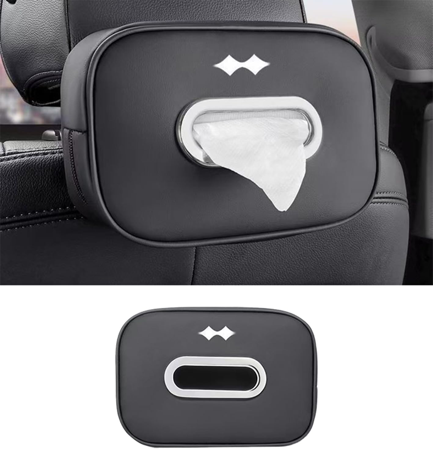 Car Tissue Box Holder with Adjustable Strap Compatible with BYD Leopard 5/8 Accessories, Electroplated Opening, Premium Leather Napkin Storage Box (Black)