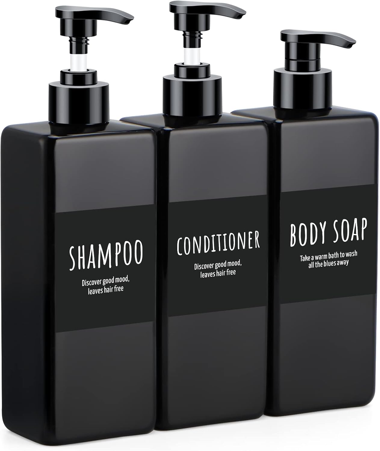 Segbeauty Shampoo and Conditioner Dispenser Refillable, 3pcs 16.9oz Shower Bottles Soap Dispenser with Labels, 500ml Empty Plastic Square Pump Bottle Dispenser Body Wash Containers for Bathroom Black
