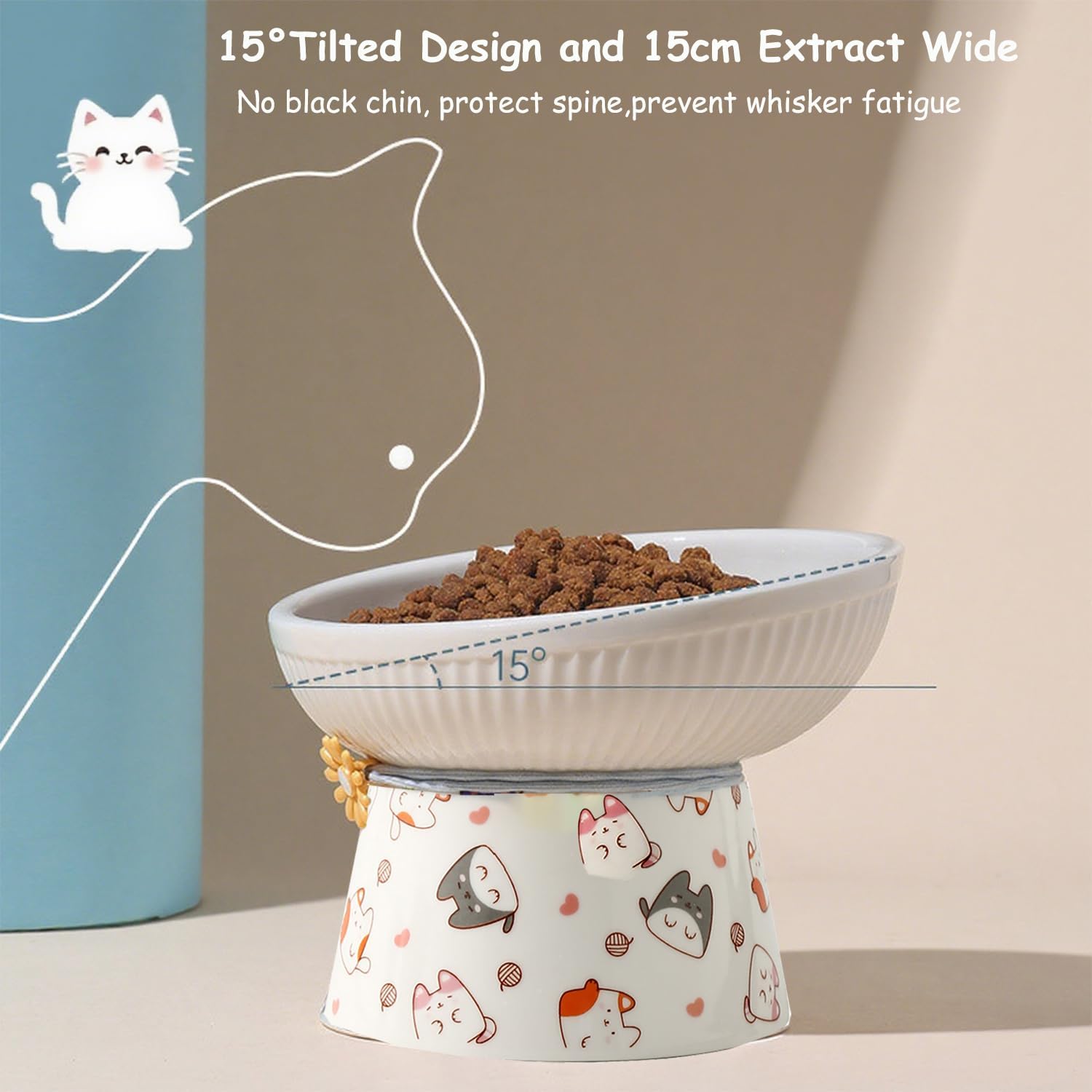 2 Pcs Elevated Ceramic Cat Bowl Raised Height Cats Feeder for Dry Wet Food & Water Anti Vomit Neck Protective Whisker Fatigue Relief Cat Food Bowls Non-Slip Pet Feeding Dish for Cats & Small Dogs - Image 4