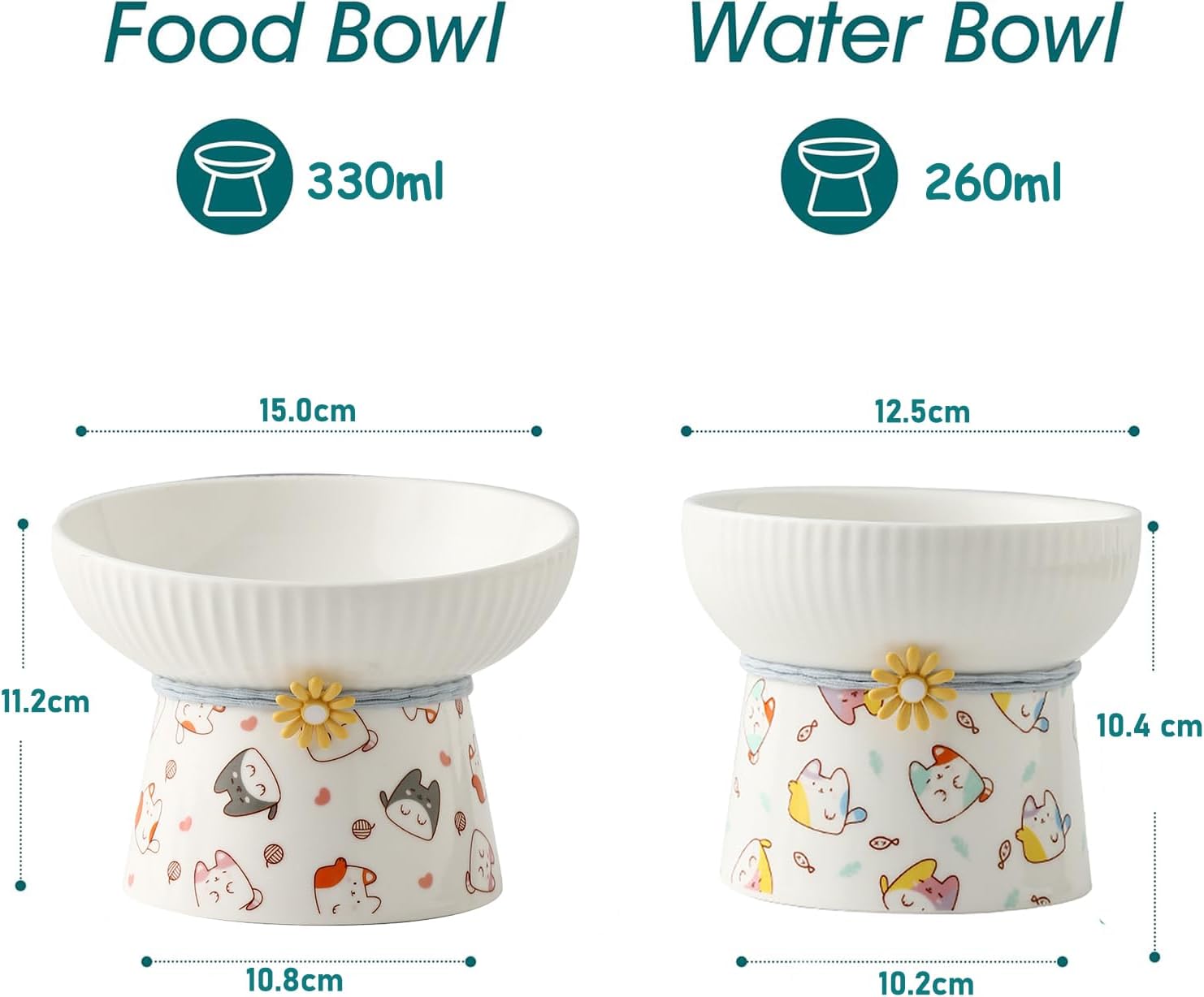 2 Pcs Elevated Ceramic Cat Bowl Raised Height Cats Feeder for Dry Wet Food & Water Anti Vomit Neck Protective Whisker Fatigue Relief Cat Food Bowls Non-Slip Pet Feeding Dish for Cats & Small Dogs - Image 2