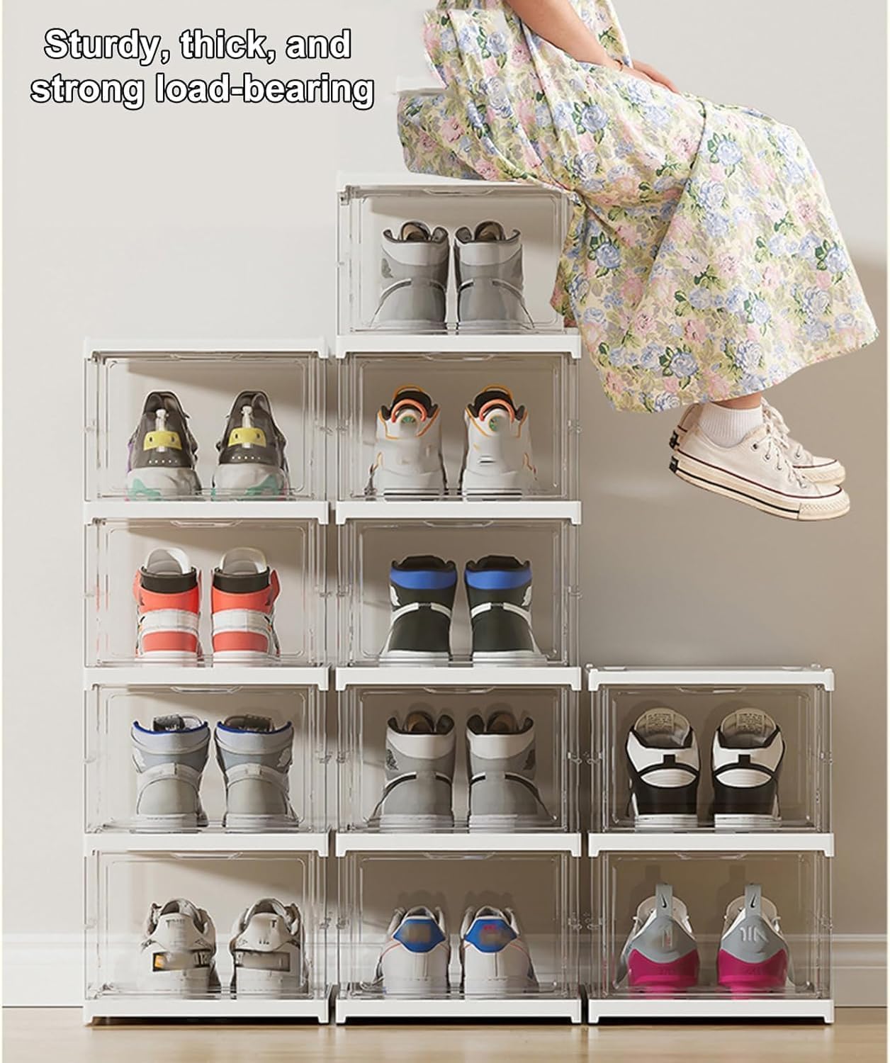 6 Tiers Clear Shoe Storage Boxes Organizers, Acrylic Foldable Collapsible Shoe Rack Organizer Box with Lid for Home Closet Entryway - Image 4