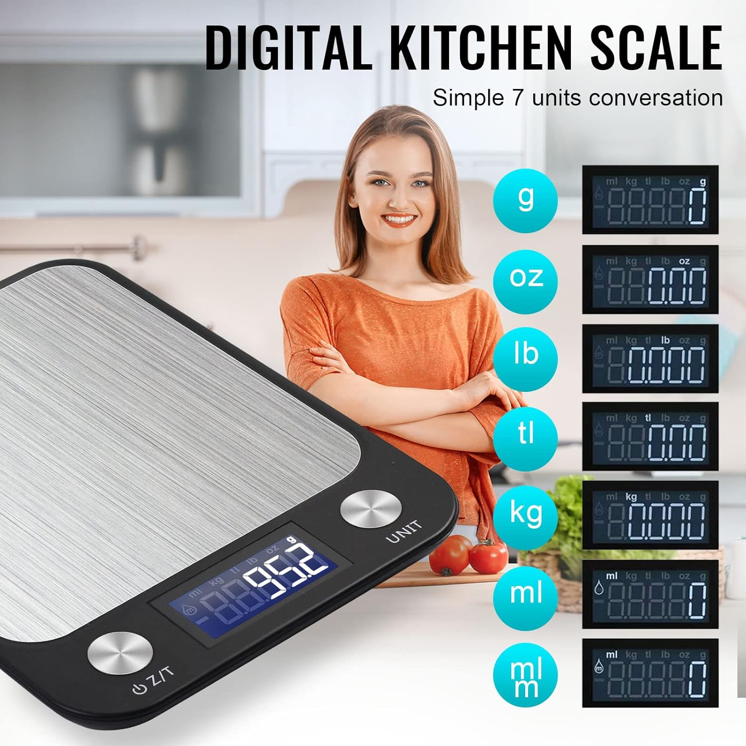 SKY-TOUCH Digital Kitchen Scale Multifunction Food Scale, Touch Button, Ultra Slim with Large LCD Display, 11lb/5kg, 22lb/5kg, Stainless Steel (Batteries Included) (10000g/1g) - Image 4