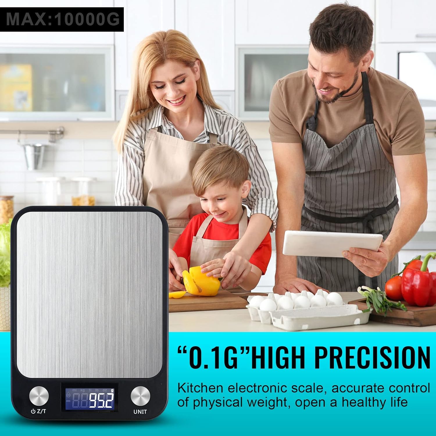 SKY-TOUCH Digital Kitchen Scale Multifunction Food Scale, Touch Button, Ultra Slim with Large LCD Display, 11lb/5kg, 22lb/5kg, Stainless Steel (Batteries Included) (10000g/1g) - Image 2