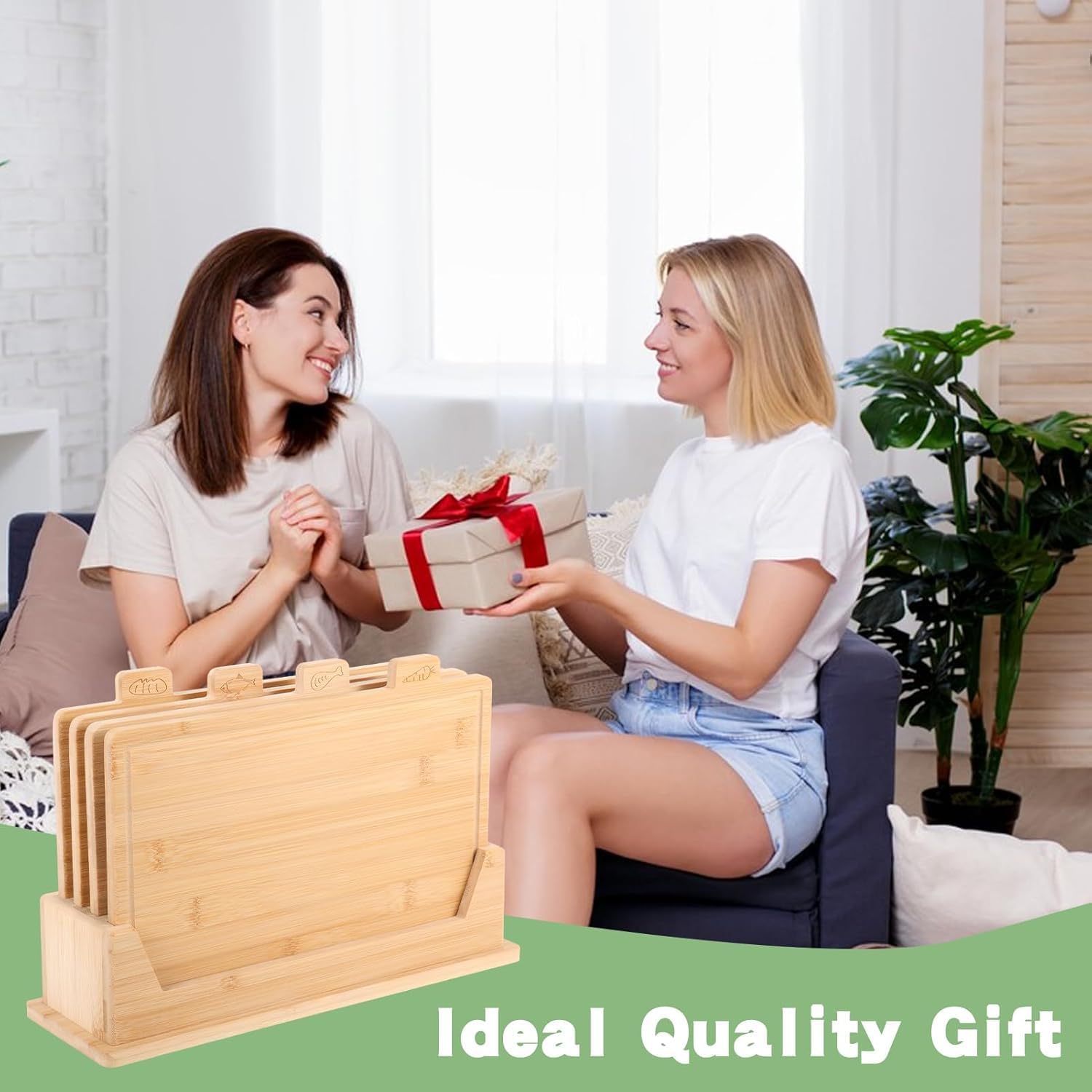 Bamboo Cutting Board Set of 4, Wooden Chopping Board with Storage Holder, 32x22cm Chopping Boards Set with Food Icons for Meat, Fish, Bread, Vegetable, Fruit Chopping - Image 7