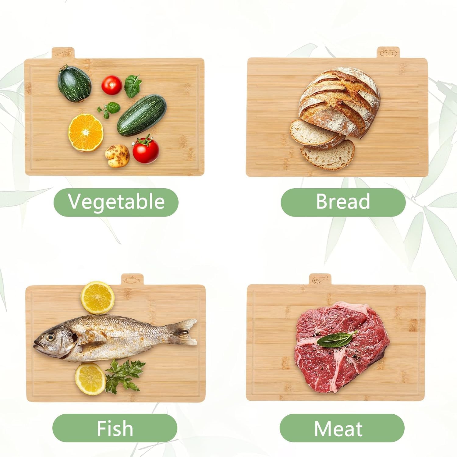 Bamboo Cutting Board Set of 4, Wooden Chopping Board with Storage Holder, 32x22cm Chopping Boards Set with Food Icons for Meat, Fish, Bread, Vegetable, Fruit Chopping - Image 5