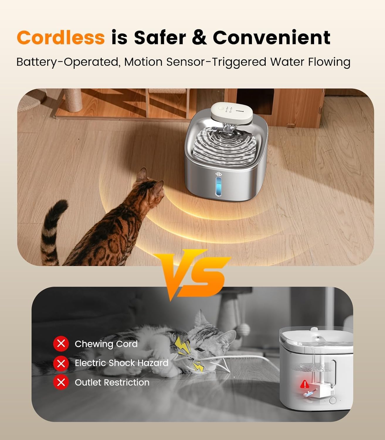 oneisall Wireless Cat Water Fountain, 3.5L/118oz Battery Operated Pet Drinking Fountain Stainless Steel, Running Water Dispenser Fountains for Cats, Cordless & Rechargeable with Motion Sensor - Image 2