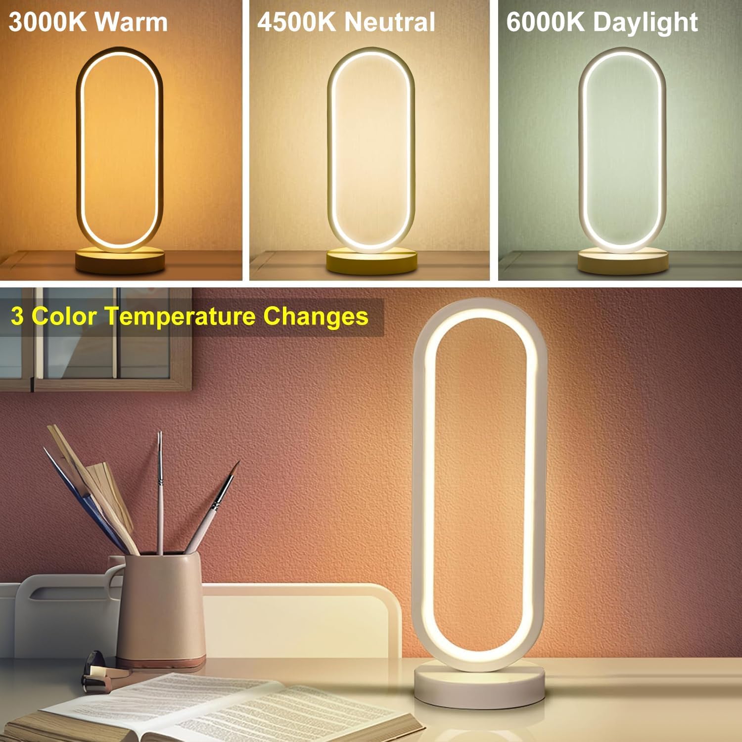 Modern Bedside Table Lamp, Led Oval Nightstand Light, Rechargeable Dimmable Nightstand Lamp, 3 Color Temperatures and 10 Brightness Levels Desk Lamp for Living Room, Bedroom Home Decoration - Image 4