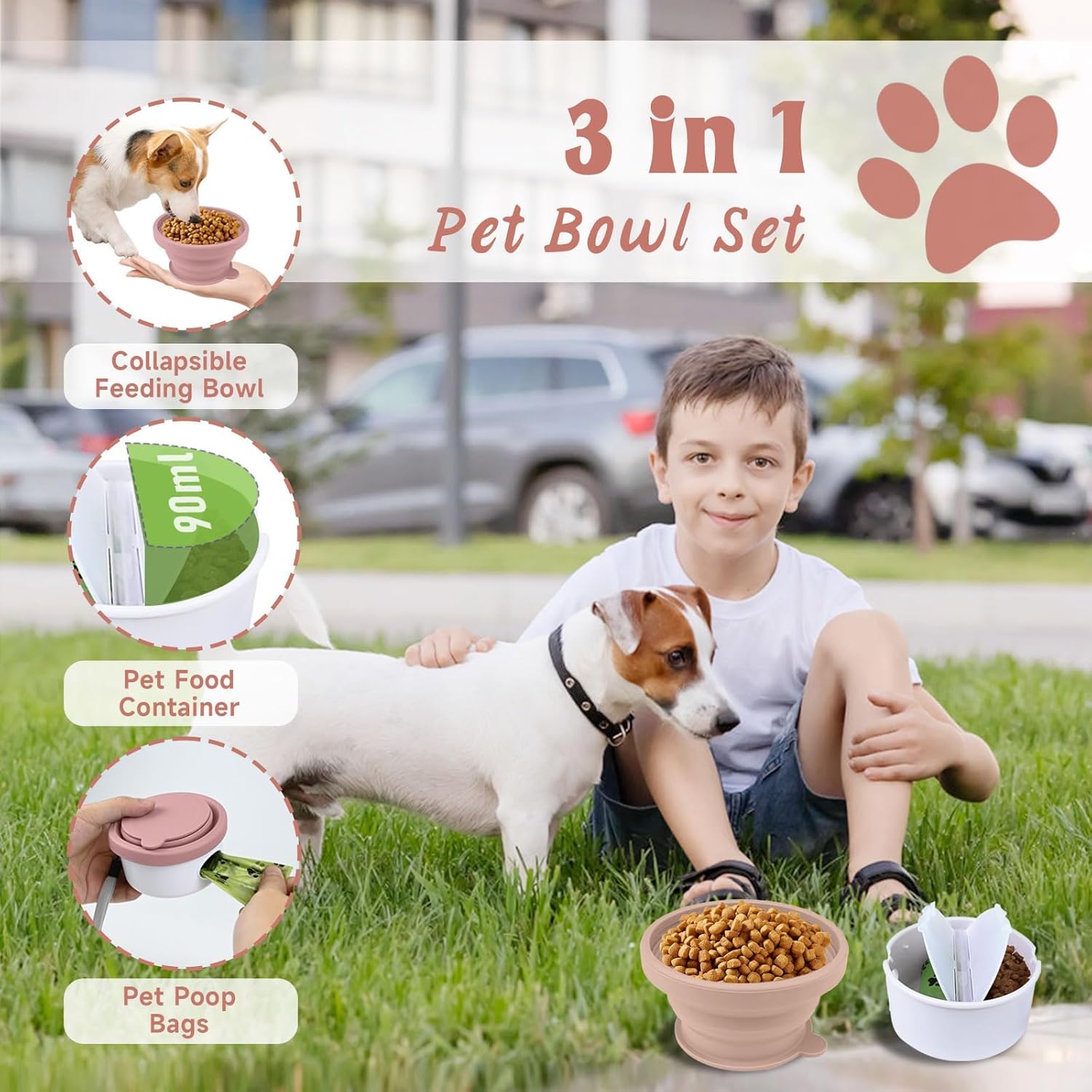 Tazweeq Collapsible Travel Dog Bowl with Lid, 3 in 1 Portable Silicone Dog Food and Water Bowl with 3 Poop Bags, Folding Pet Food Container for Puppy, Cat - Image 4