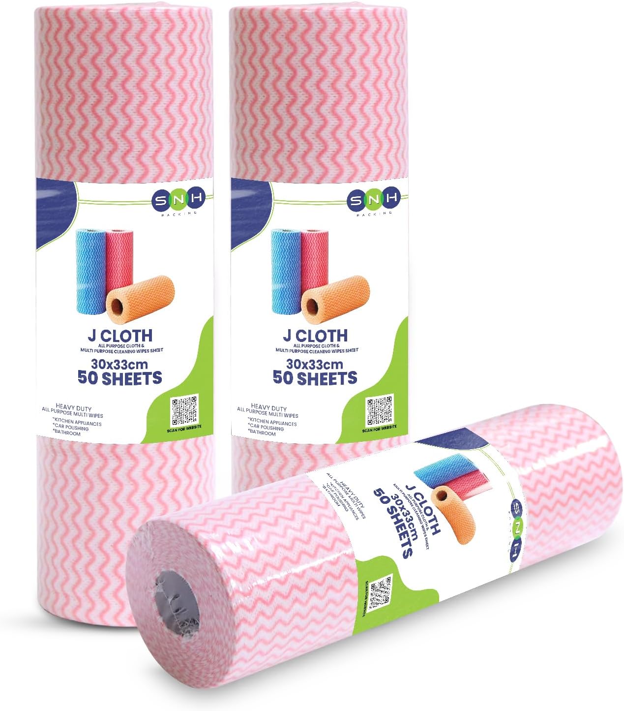 SNH Packing 3 Rolls Reusable Cleaning Wipes (150 Sheets) - Home & Kitchen Towel Roll, Pink, 9.5×30 cm, Household Cleaning Cloth Towel, Disposable Dish Cloths, Non-Stick Wiping Rags