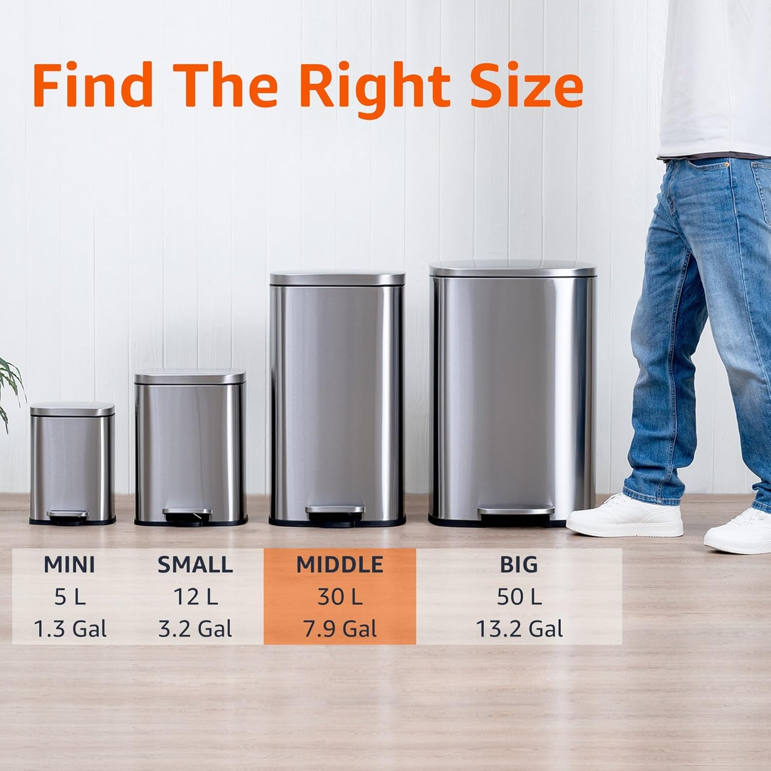 Amazon Basics Rectangular Kitchen Bin With Steel Bar Pedal, Soft-Closing Mechanism For Home and Office Use, 30 Litre/7.9 Gallon, Satin Nickel Finish - Image 4