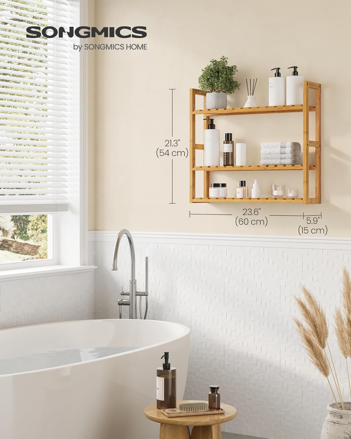 SONGMICS bamboo bathroom shelves, 3-Tier Adjustable Layer Rack, Bathroom Towel Shelf, Utility Storage Shelf Rack, Wall Mounted Organizer shelf, For Bathroom Kitchen Living Room Holder Natural UBCB13Y - Image 3