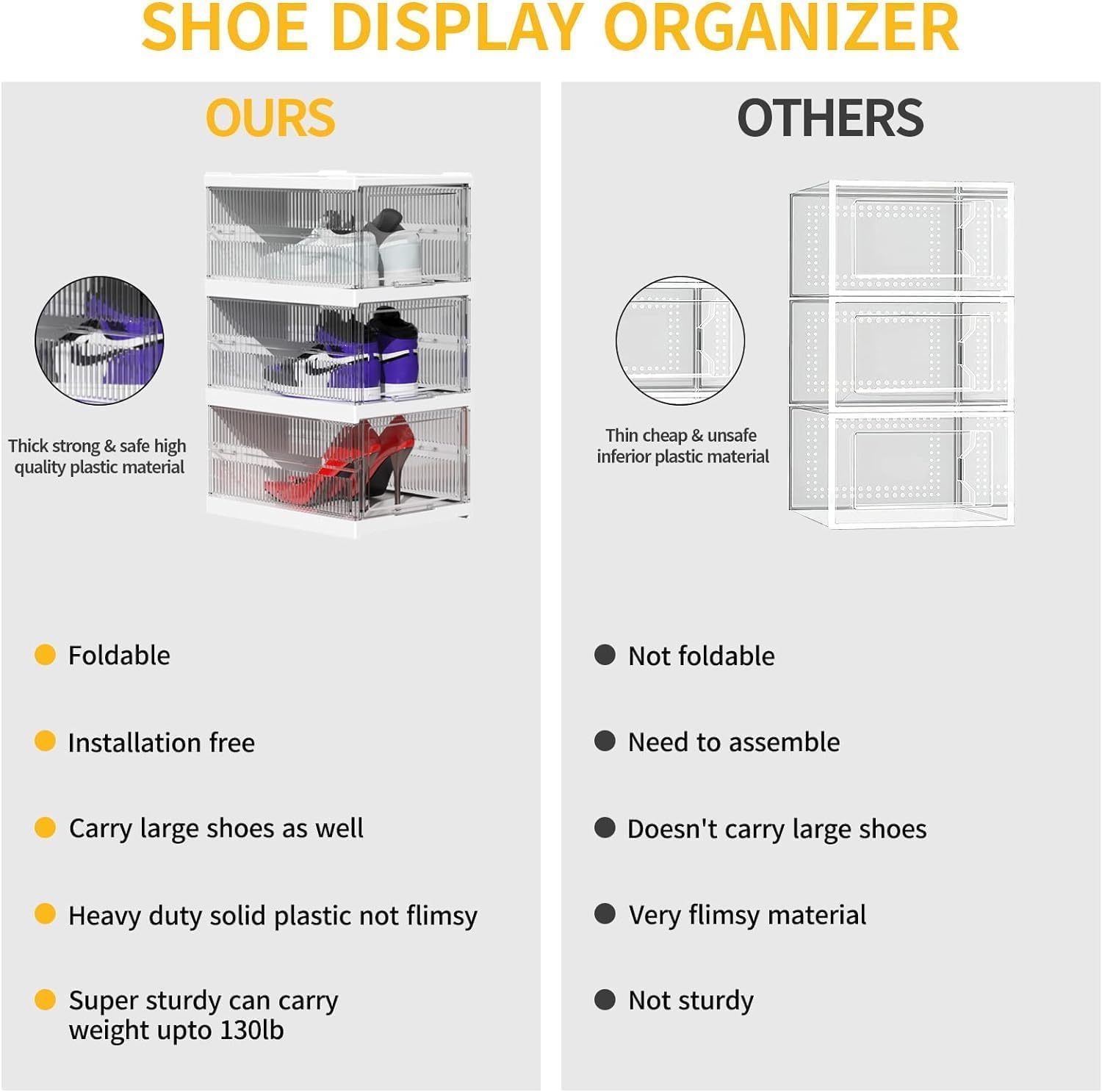 6 Tiers Clear Shoe Storage Boxes Organizers, Acrylic Foldable Collapsible Shoe Rack Organizer Box with Lid for Home Closet Entryway - Image 7