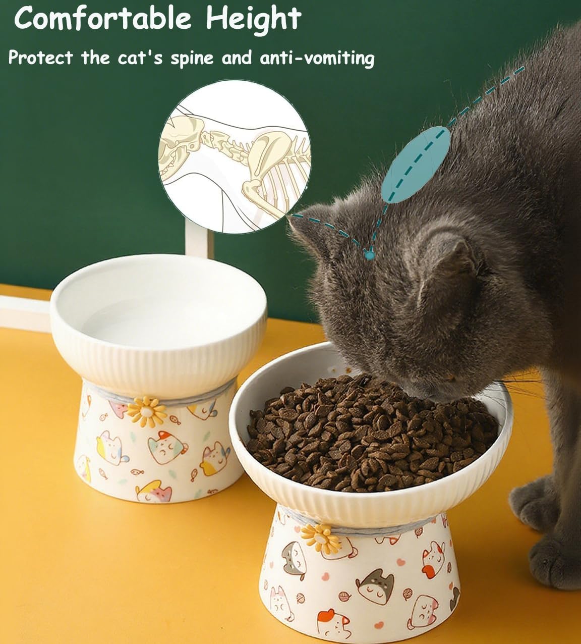 2 Pcs Elevated Ceramic Cat Bowl Raised Height Cats Feeder for Dry Wet Food & Water Anti Vomit Neck Protective Whisker Fatigue Relief Cat Food Bowls Non-Slip Pet Feeding Dish for Cats & Small Dogs - Image 3